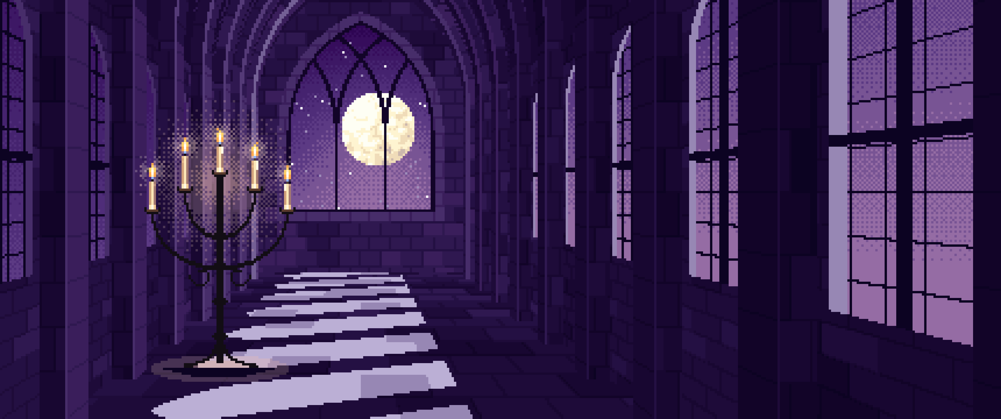 Dark Purple Pixel Art Gothic Hall by Moonlight ultrawide wallpaper, 3440 × 1440