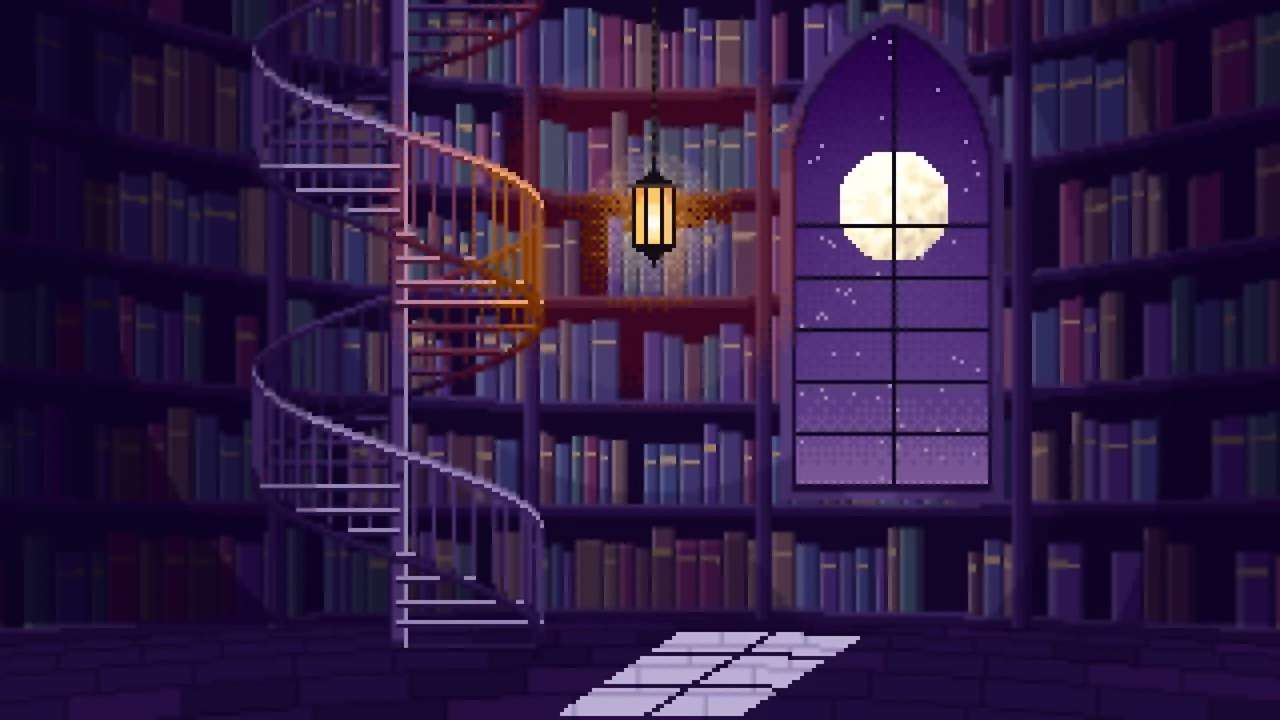 Dark Purple Pixel Art Gothic Library Staircase desktop wallpaper in 4K