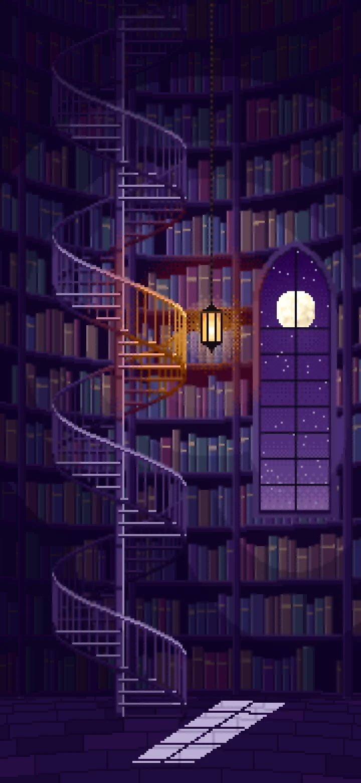 Dark Purple Pixel Art Gothic Library Staircase wallpaper for iPhone and Android