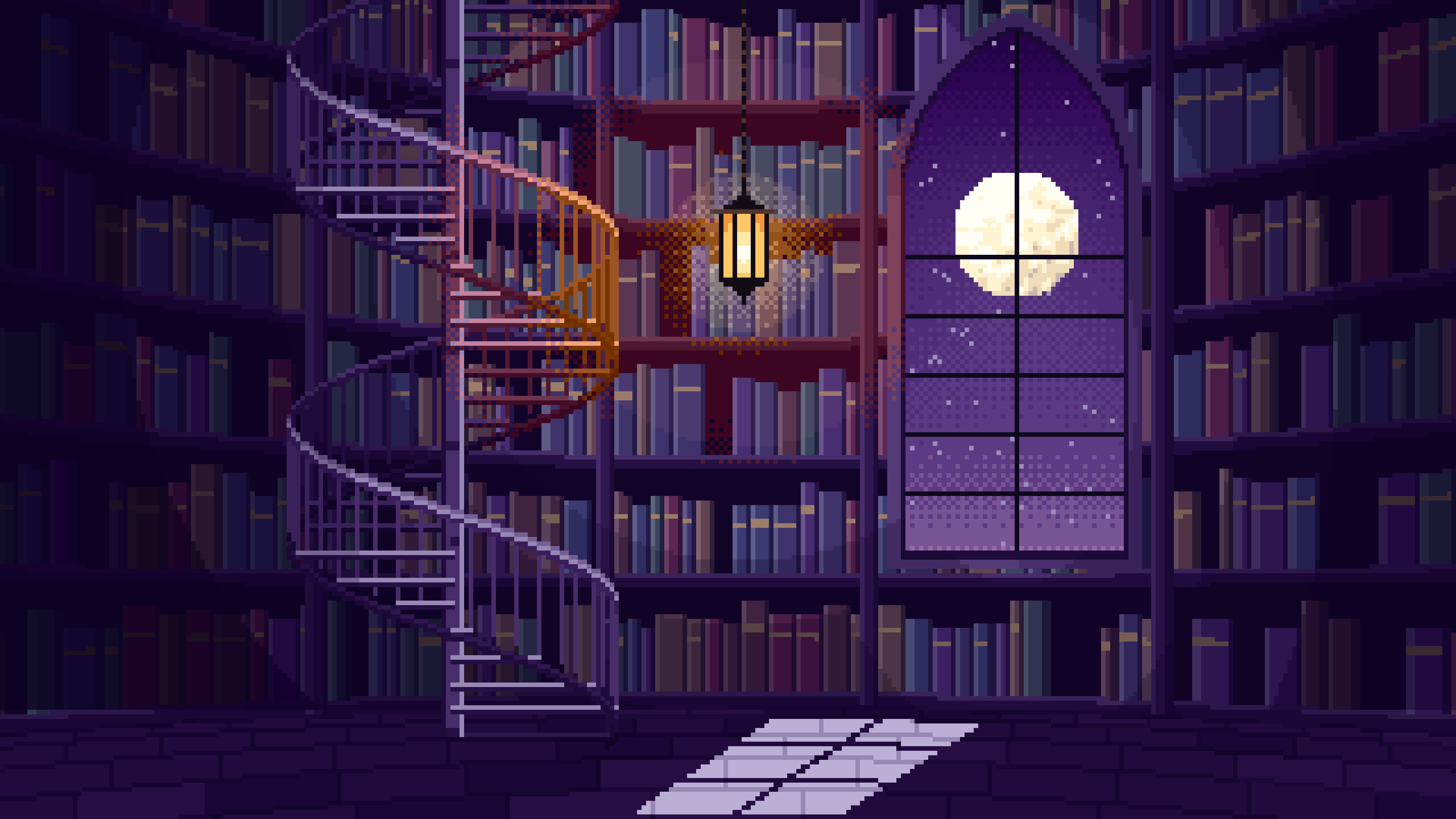 Dark Purple Pixel Art Gothic Library Staircase desktop wallpaper in 4K