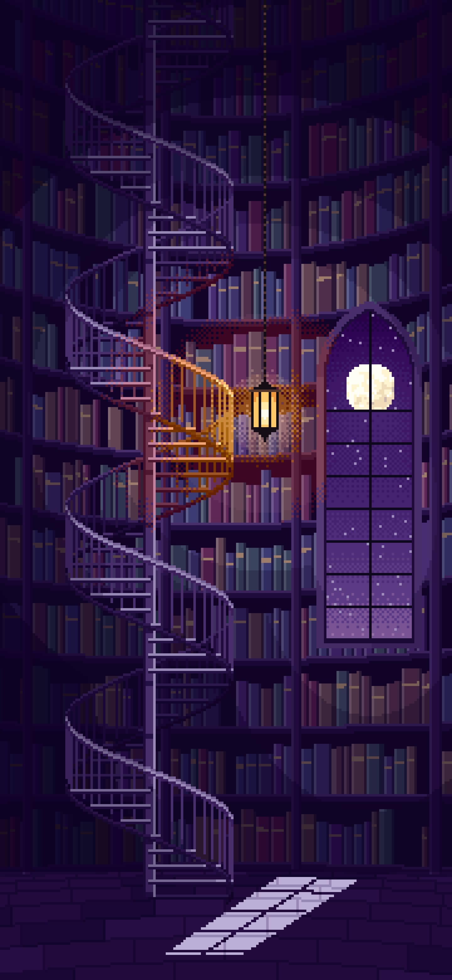 Dark Purple Pixel Art Gothic Library Staircase wallpaper for iPhone and Android