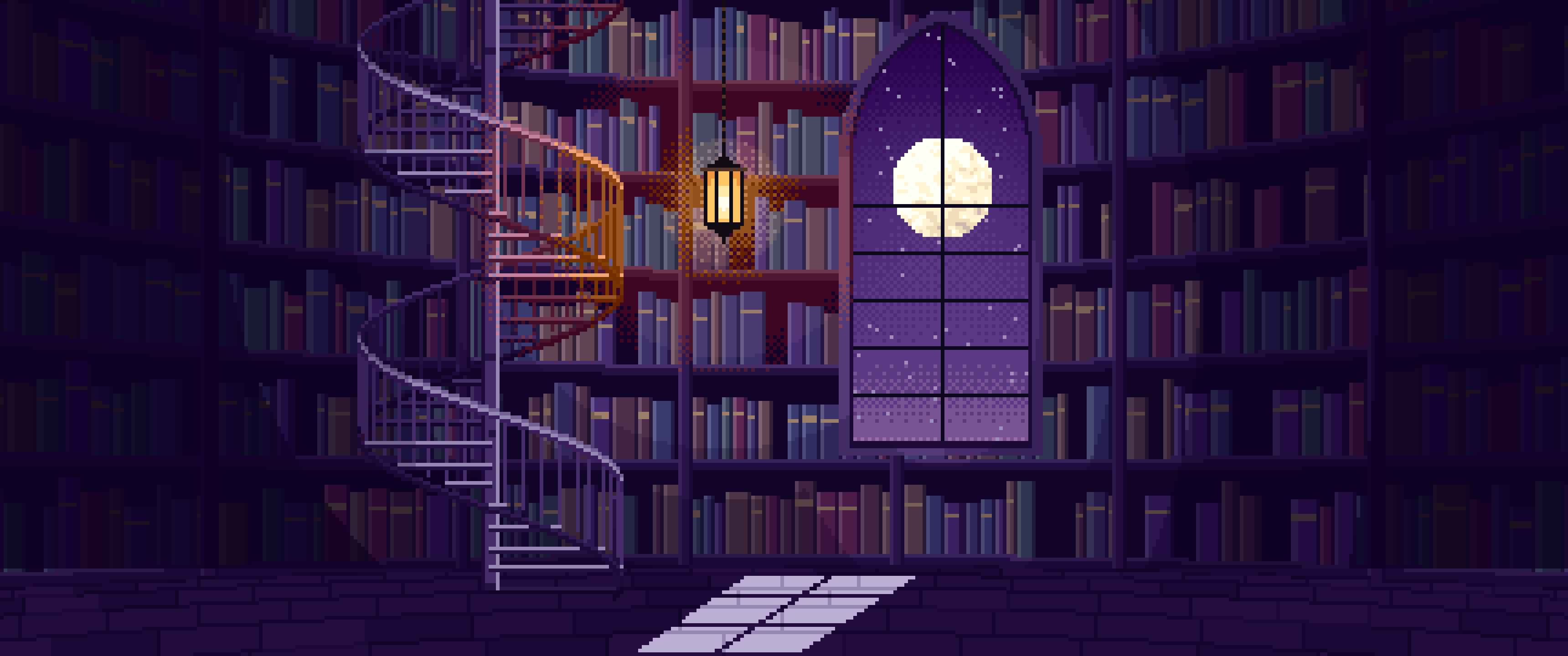Dark Purple Pixel Art Gothic Library Staircase ultrawide wallpaper, 3440 × 1440
