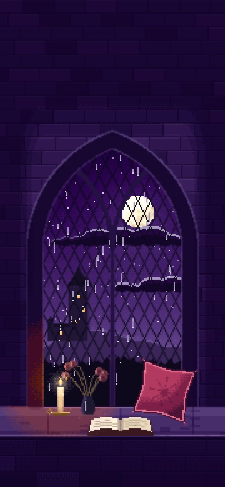 Dark Purple Pixel Art Gothic Window Seat on a Rainy Night wallpaper for iPhone and Android