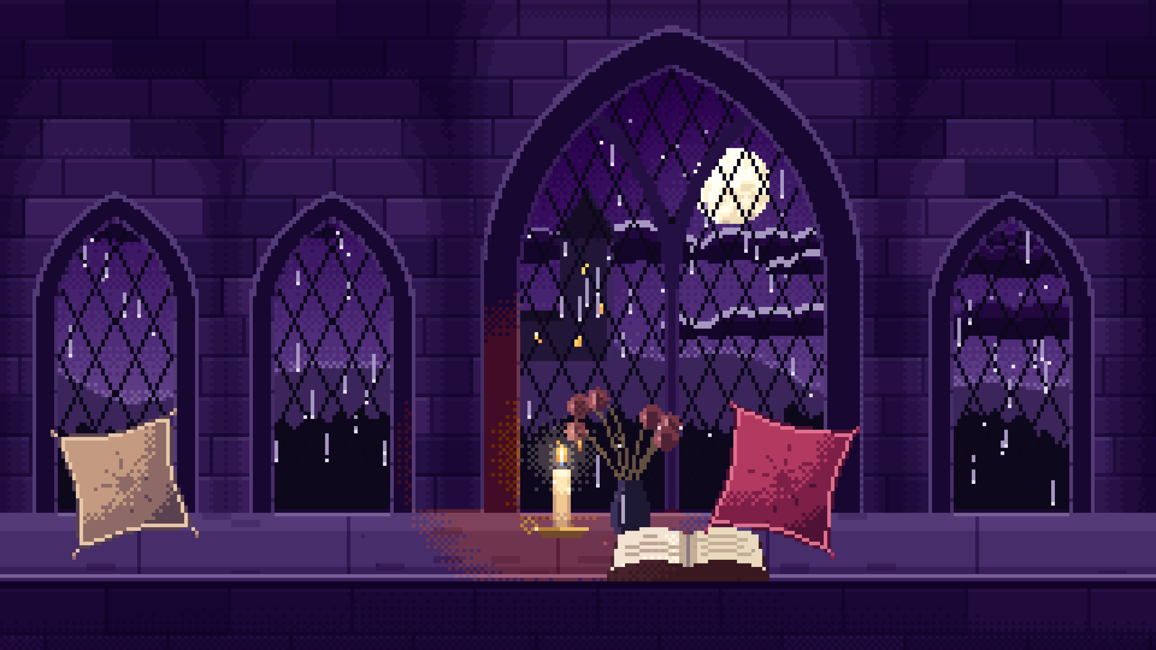 Dark Purple Pixel Art Gothic Window Seat on a Rainy Night desktop wallpaper in 4K