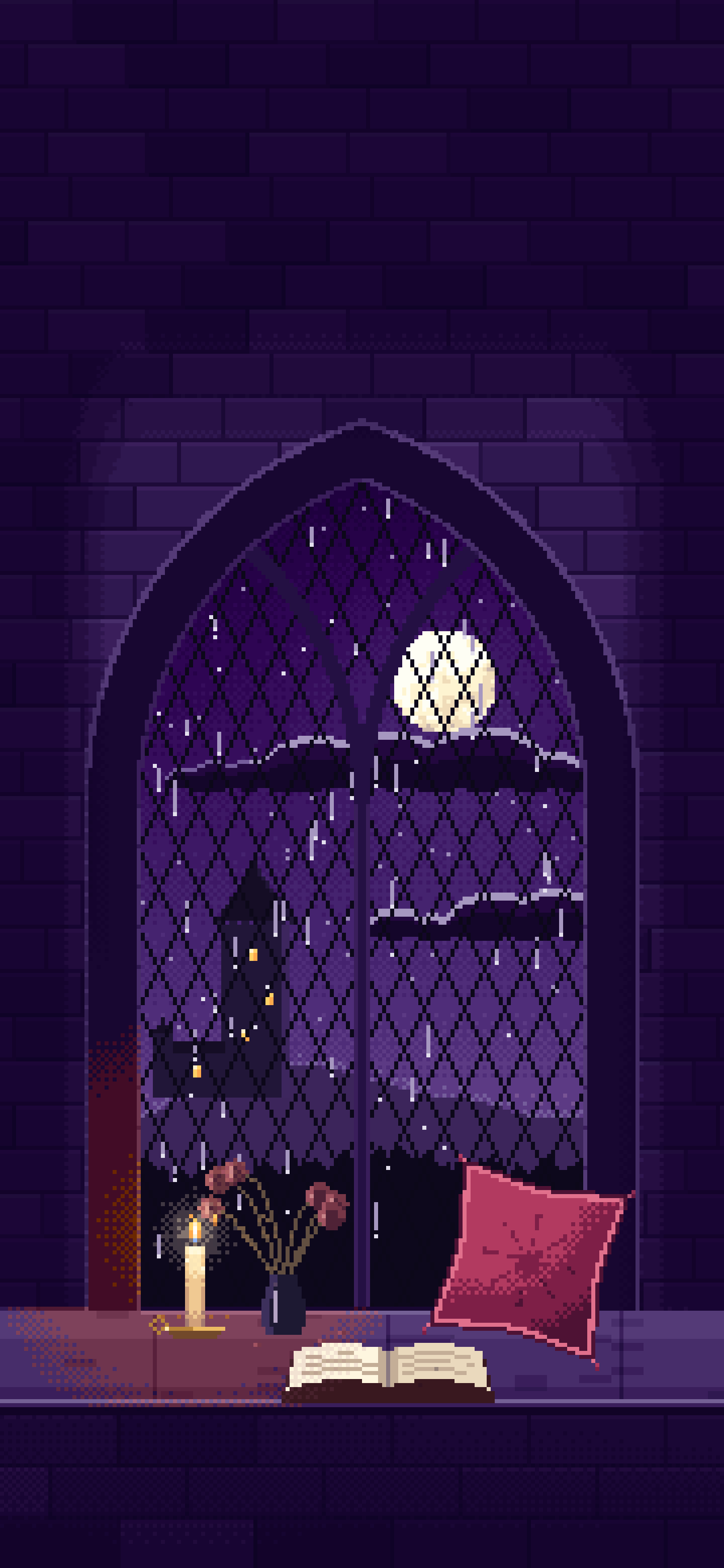 Dark Purple Pixel Art Gothic Window Seat on a Rainy Night wallpaper for iPhone and Android