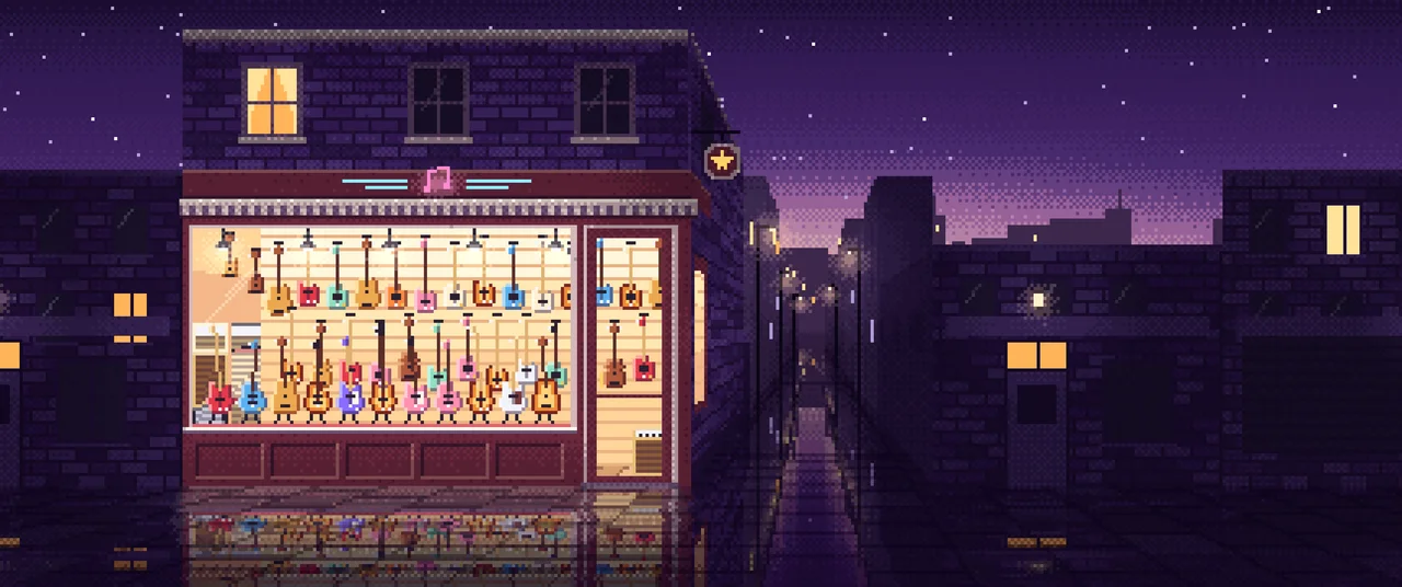 Dark Purple Pixel Art Guitar Store ultrawide wallpaper, 3440 × 1440