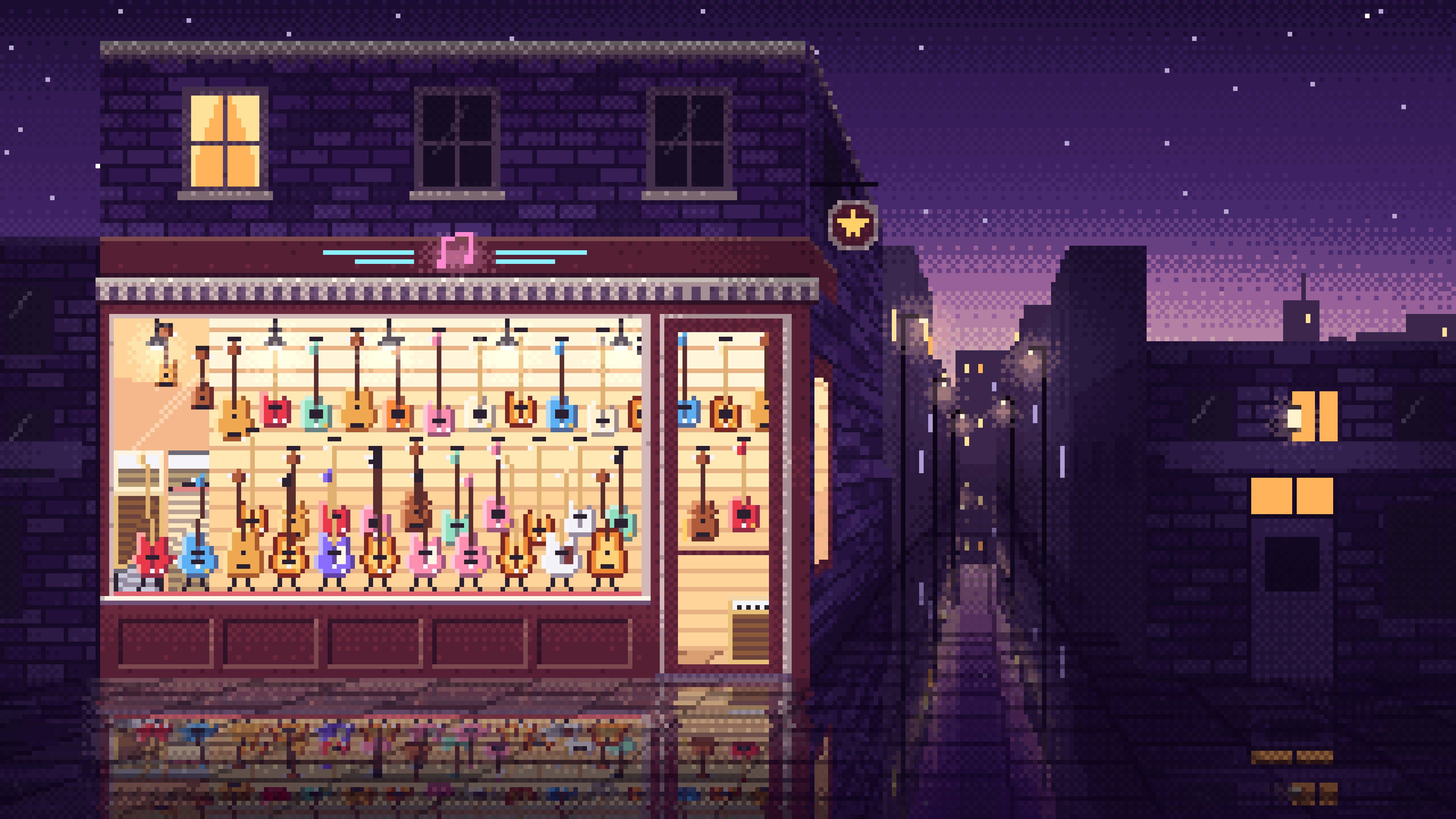 Dark Purple Pixel Art Guitar Store desktop wallpaper in 4K