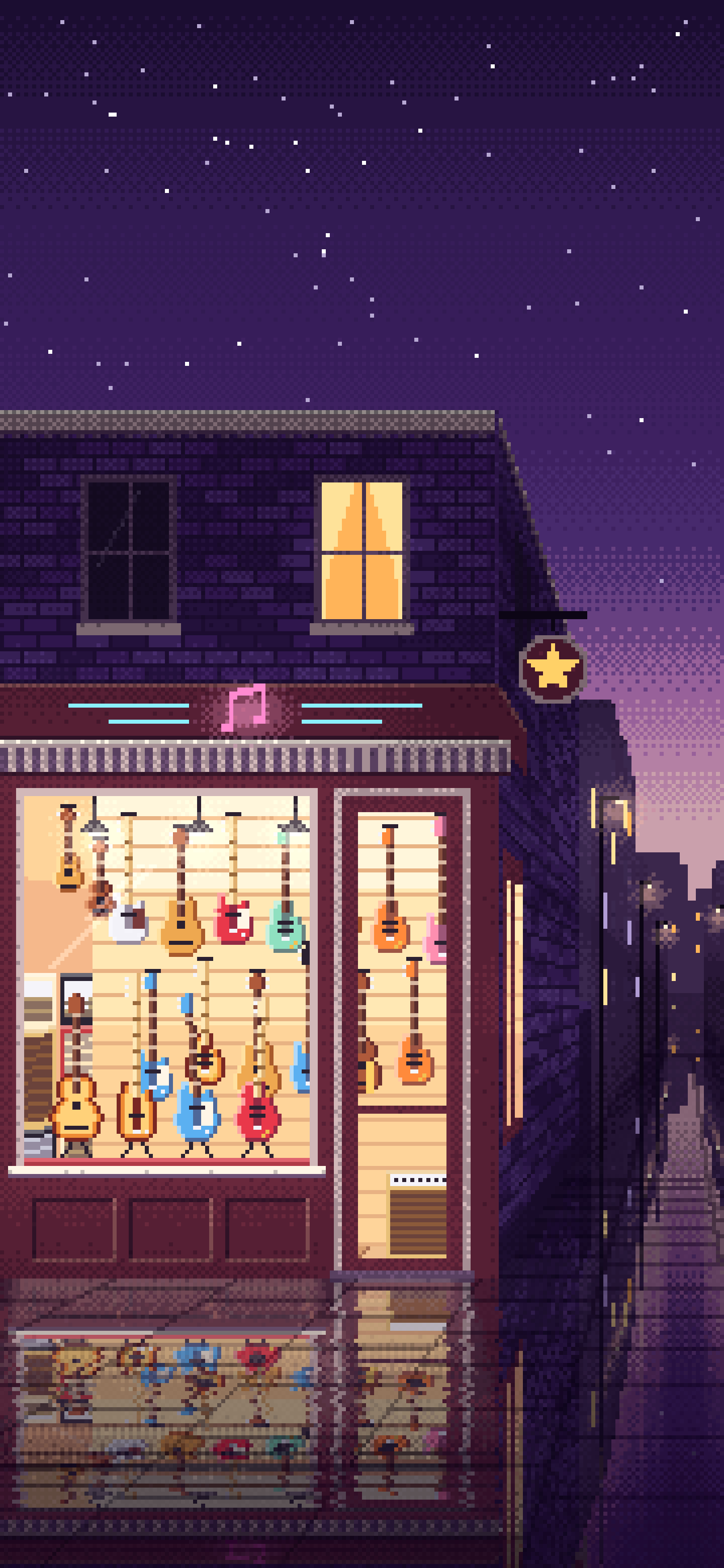 Dark Purple Pixel Art Guitar Store wallpaper for iPhone and Android