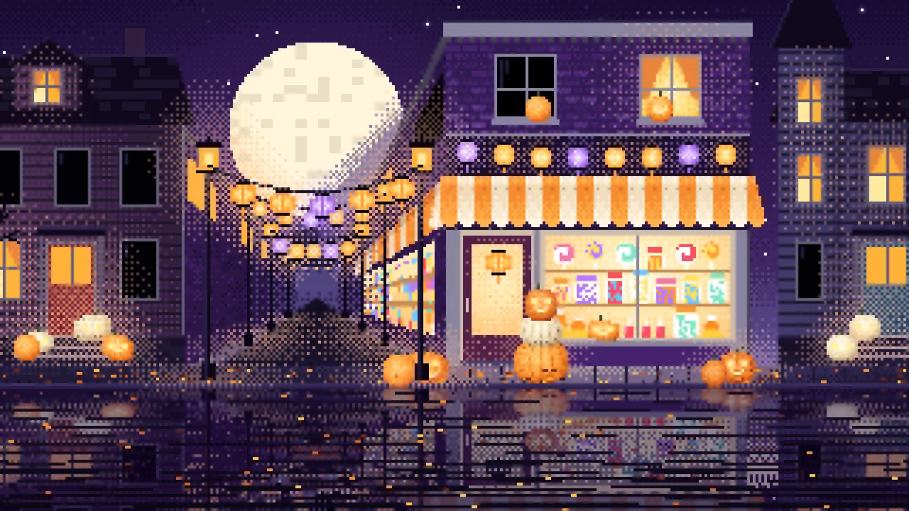 Dark Purple Pixel Art Halloween Candy Shop at Night desktop wallpaper in 4K