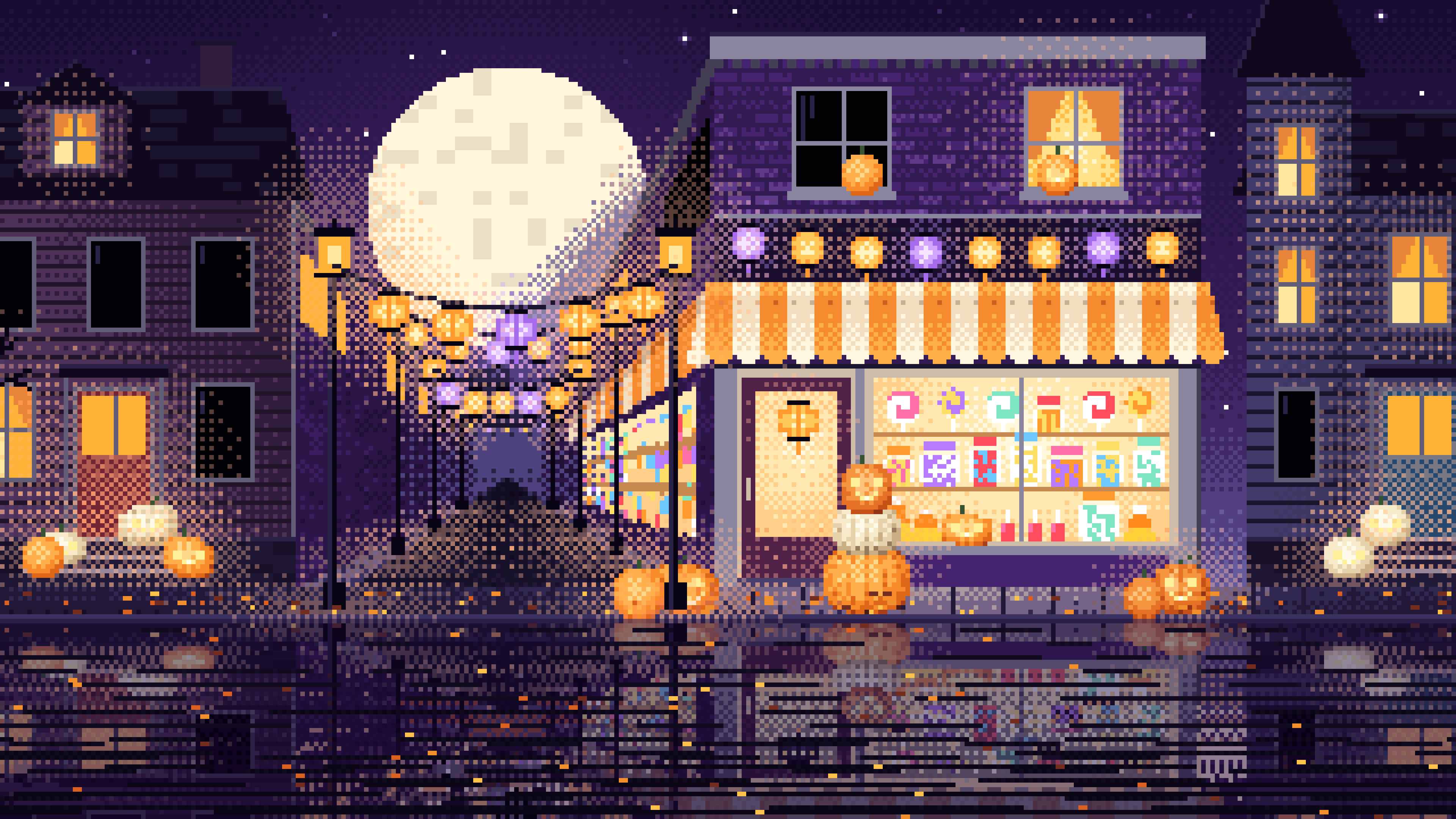 Dark Purple Pixel Art Halloween Candy Shop at Night desktop wallpaper in 4K
