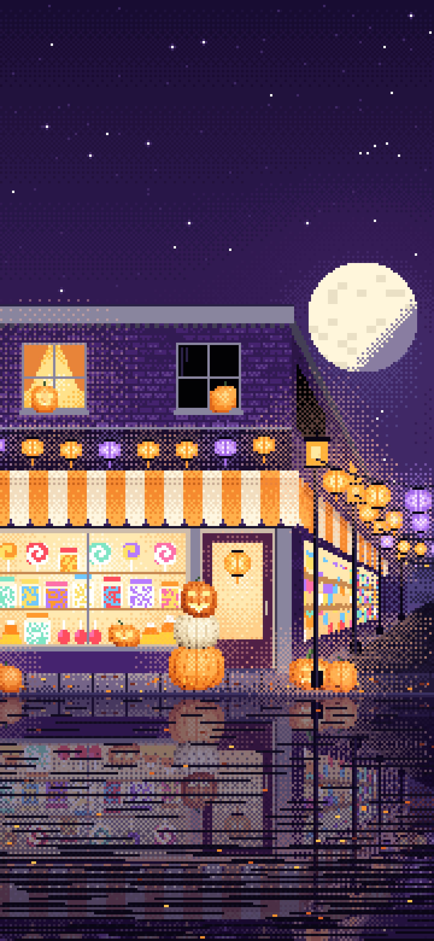 Dark Purple Pixel Art Halloween Candy Shop at Night wallpaper for iPhone and Android