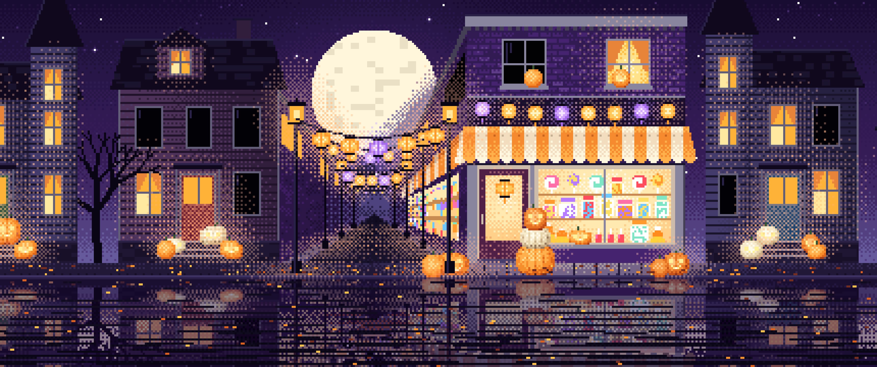 Dark Purple Pixel Art Halloween Candy Shop at Night ultrawide wallpaper, 3440 × 1440