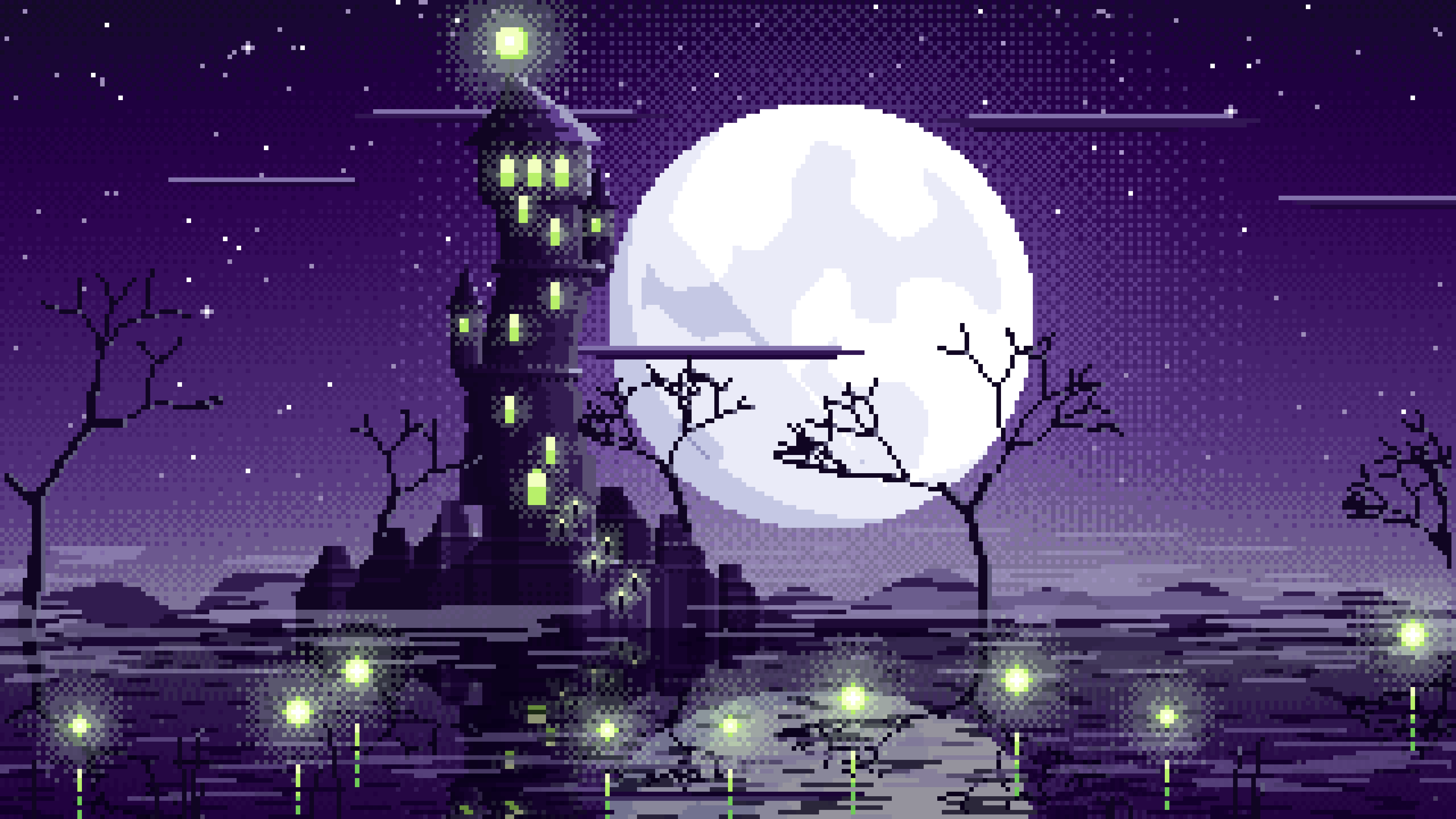 Dark Purple Pixel Art Halloween Fantasy Castle in a Swamp desktop wallpaper in 4K