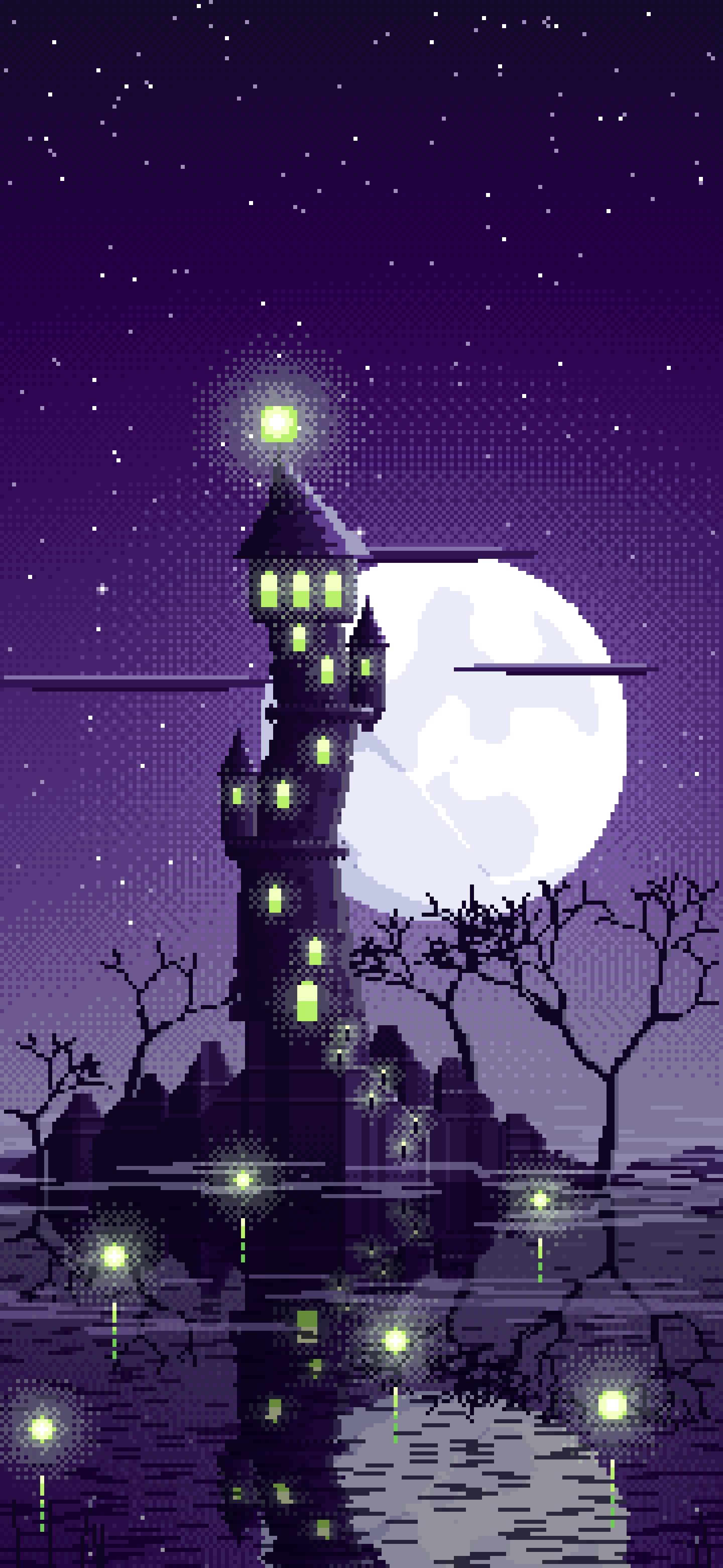 Dark Purple Pixel Art Halloween Fantasy Castle in a Swamp wallpaper for iPhone and Android