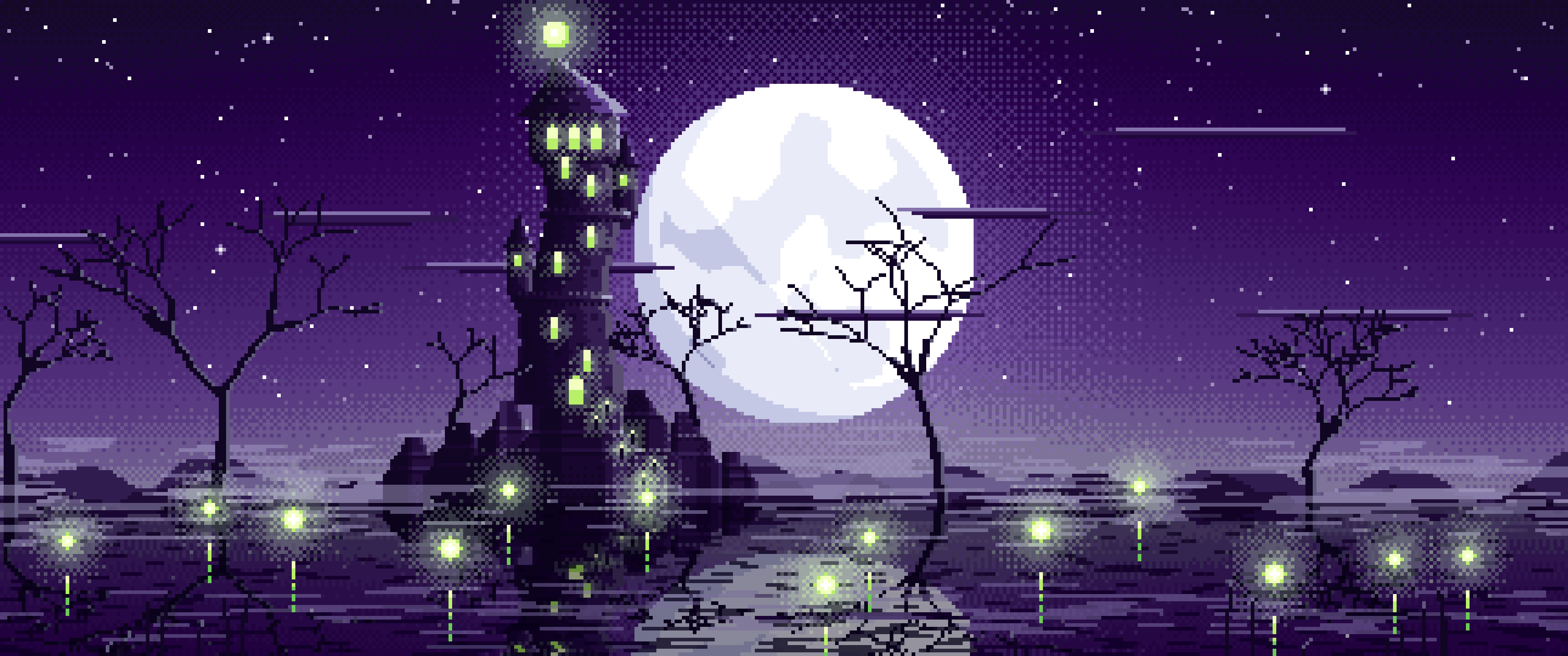 Dark Purple Pixel Art Halloween Fantasy Castle in a Swamp ultrawide wallpaper, 3440 × 1440