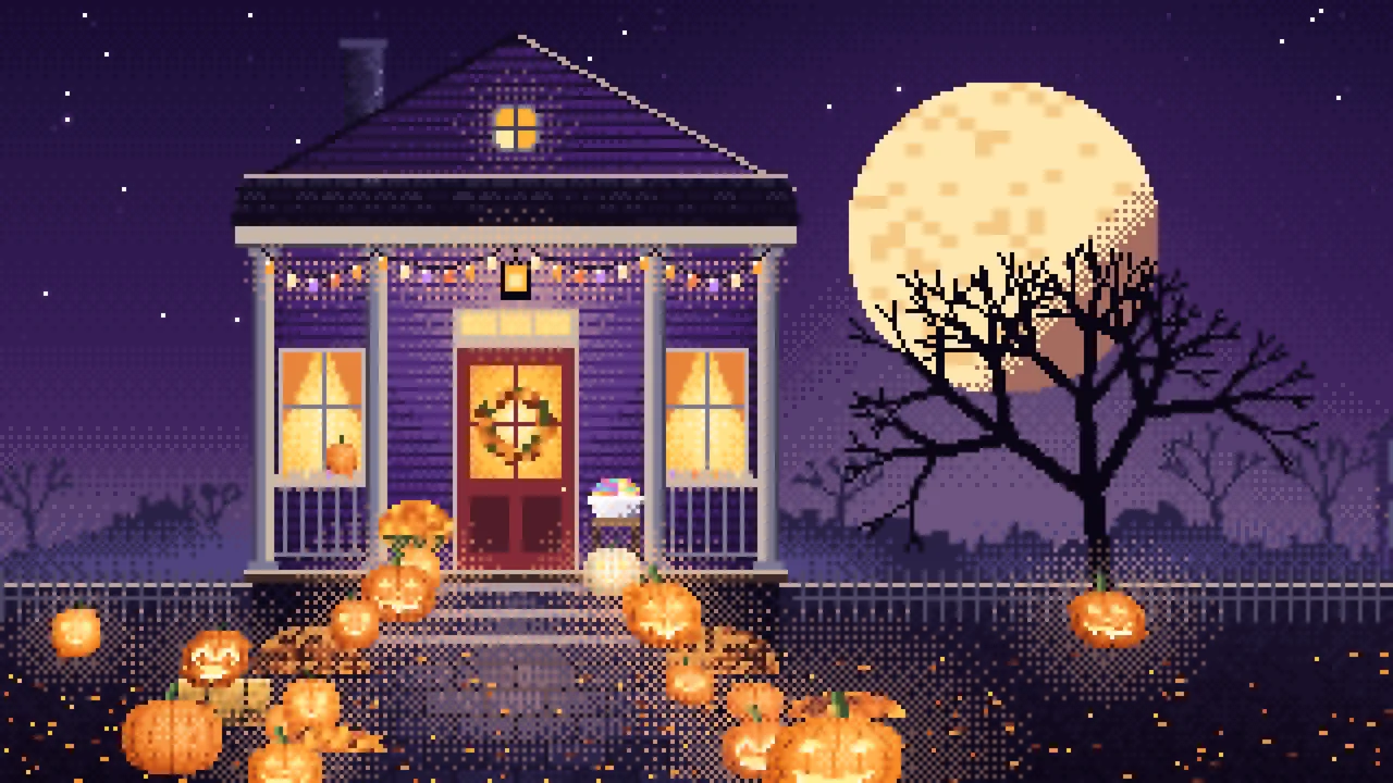 Dark Purple Pixel Art Halloween Front Porch at Night desktop wallpaper in 4K