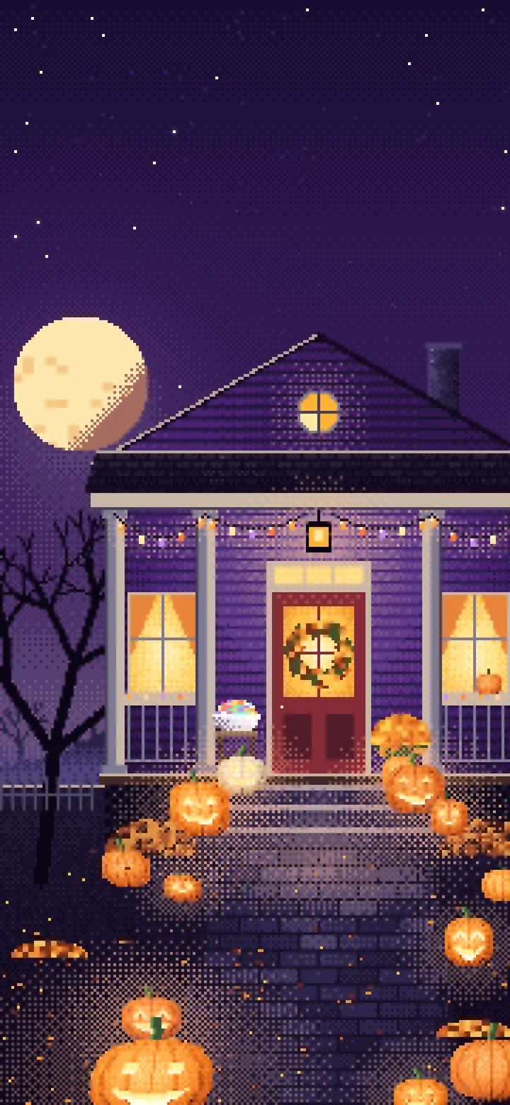 Dark Purple Pixel Art Halloween Front Porch at Night wallpaper for iPhone and Android