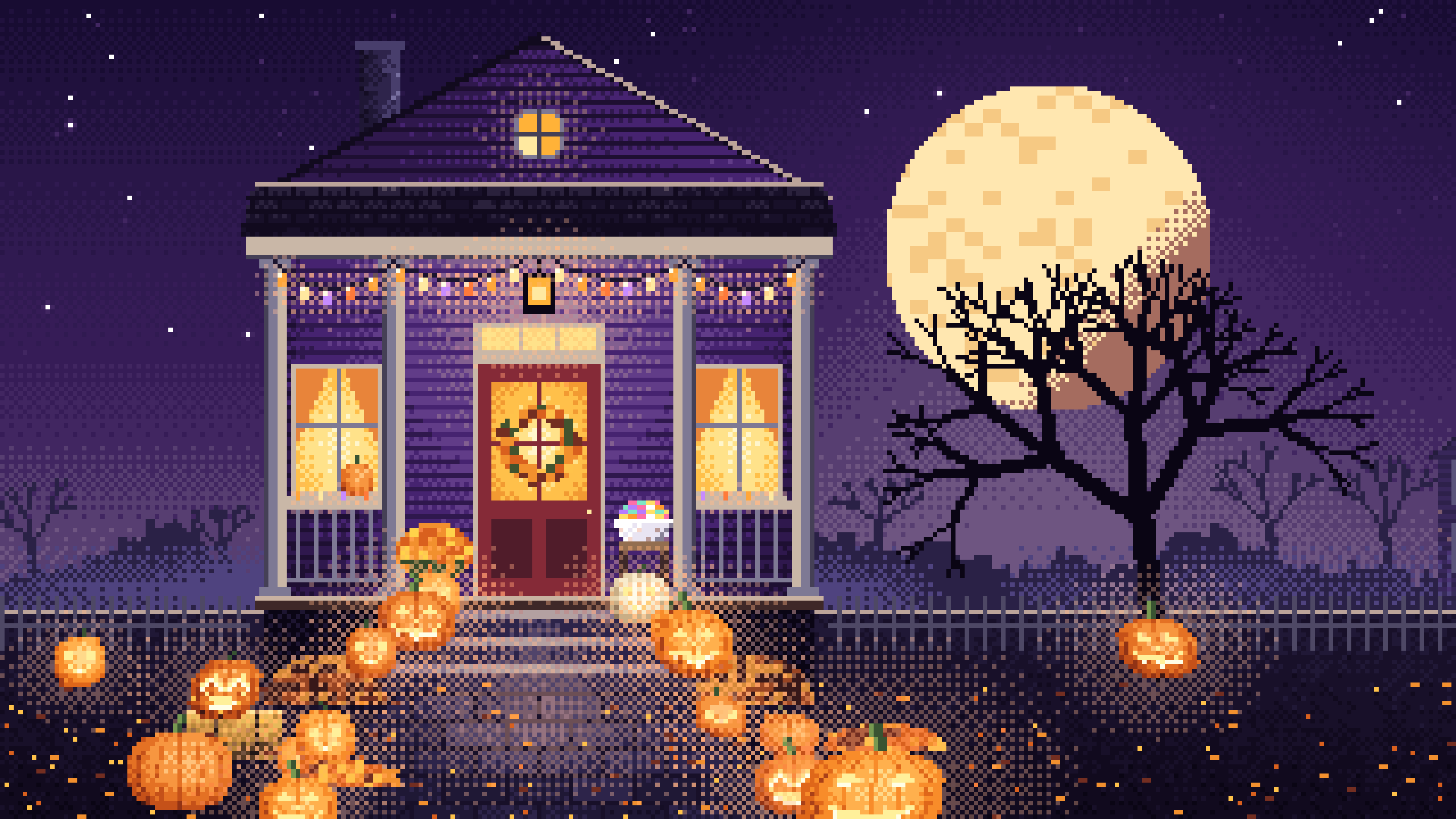 Dark Purple Pixel Art Halloween Front Porch at Night desktop wallpaper in 4K