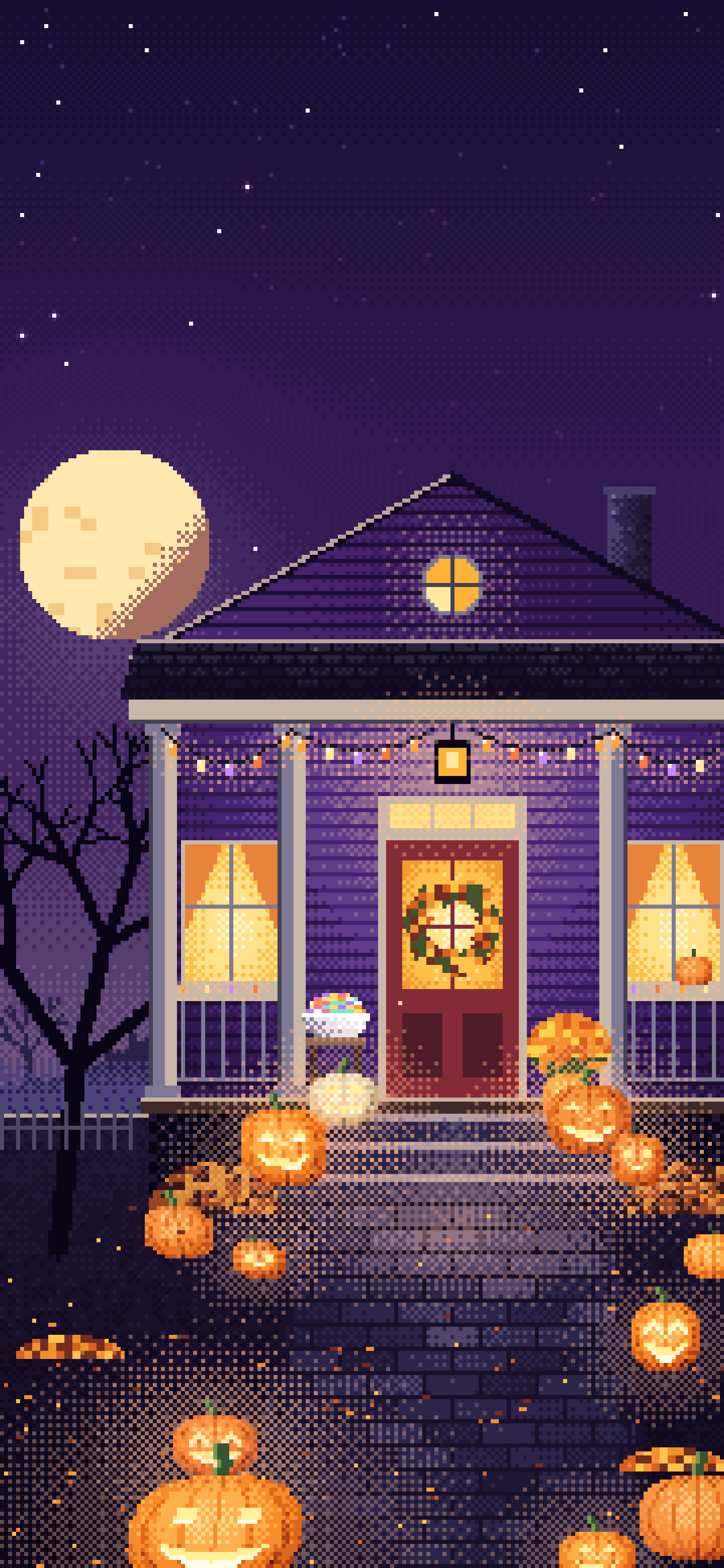 Dark Purple Pixel Art Halloween Front Porch at Night wallpaper for iPhone and Android
