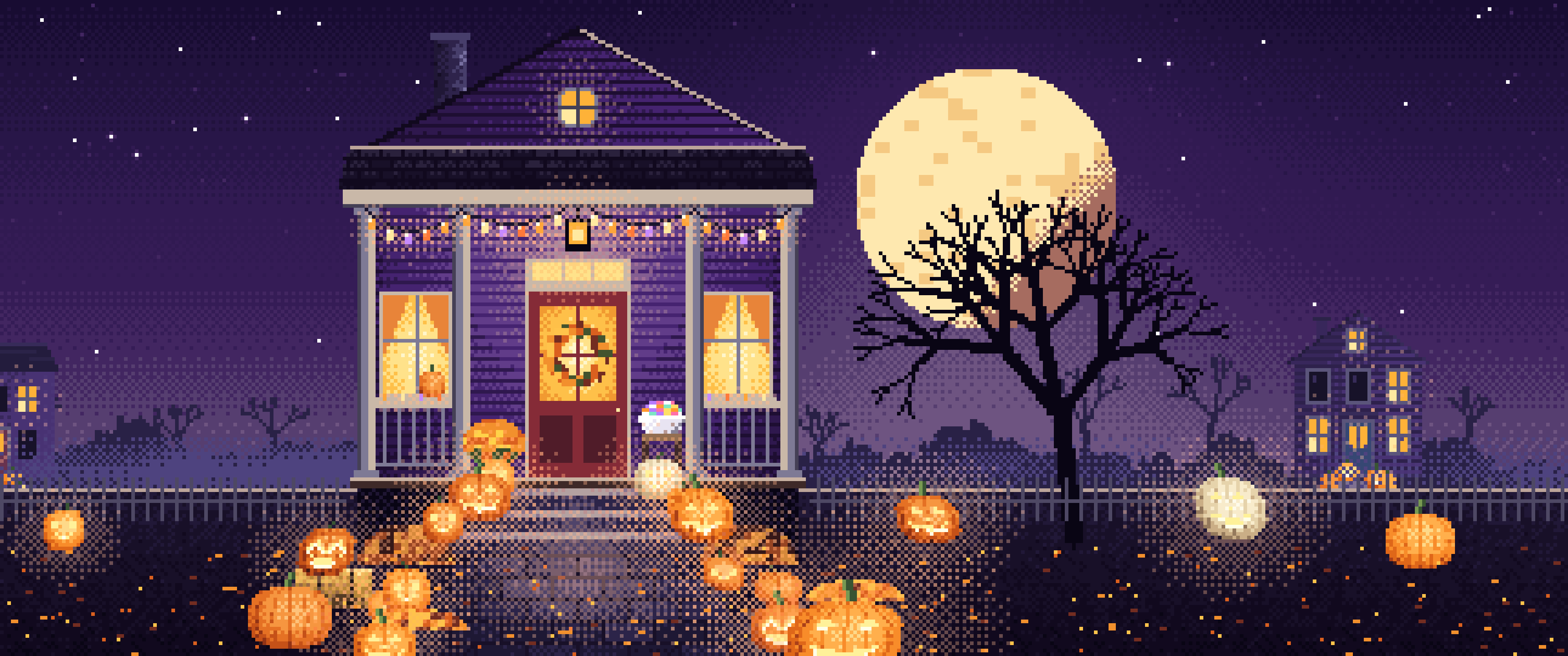 Dark Purple Pixel Art Halloween Front Porch at Night ultrawide wallpaper, 3440 × 1440