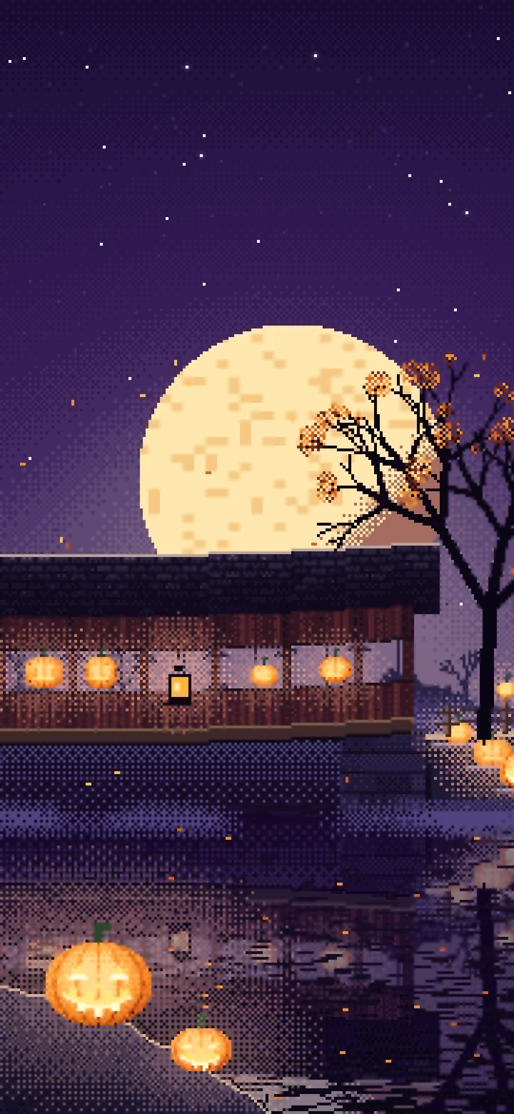 Dark Purple Pixel Art Halloween Pumpkin Bridge at Night wallpaper for iPhone and Android