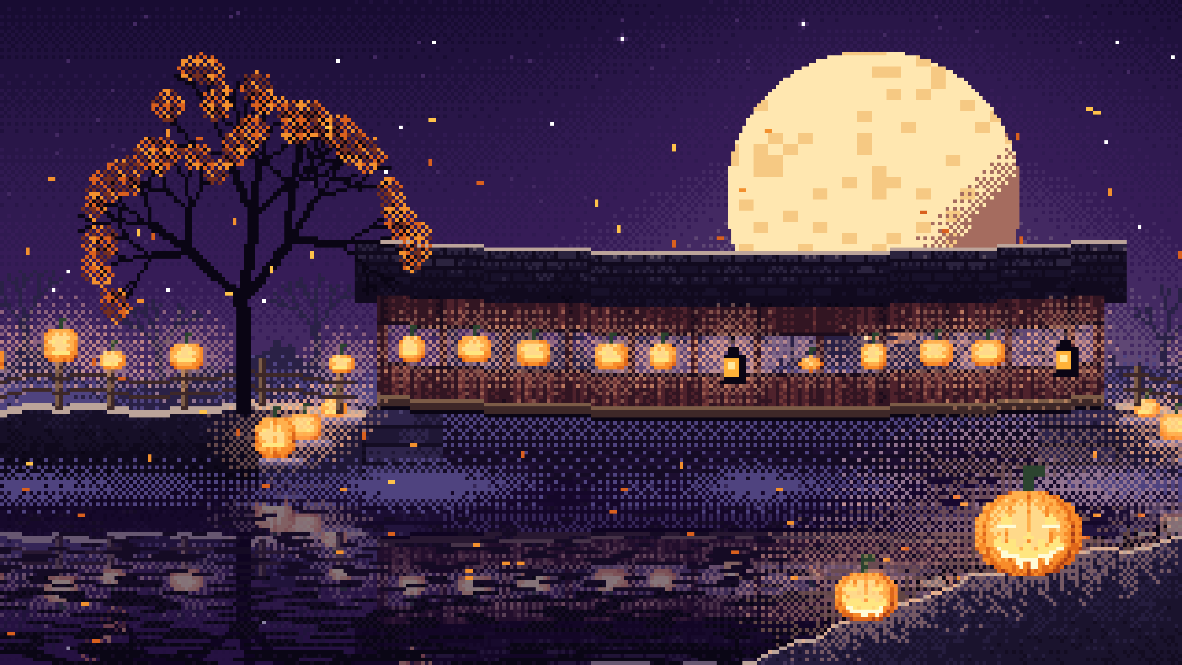 Dark Purple Pixel Art Halloween Pumpkin Bridge at Night desktop wallpaper in 4K