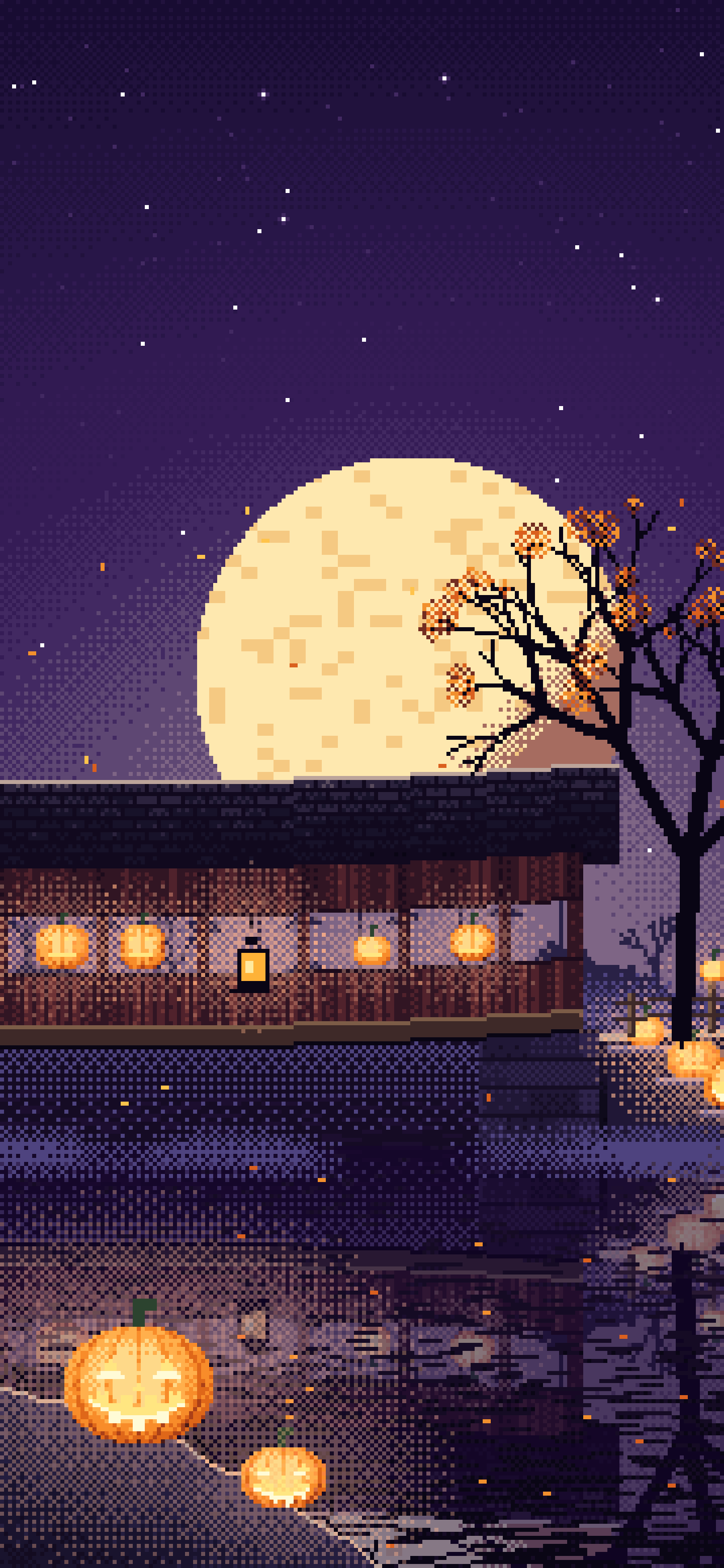 Dark Purple Pixel Art Halloween Pumpkin Bridge at Night wallpaper for iPhone and Android