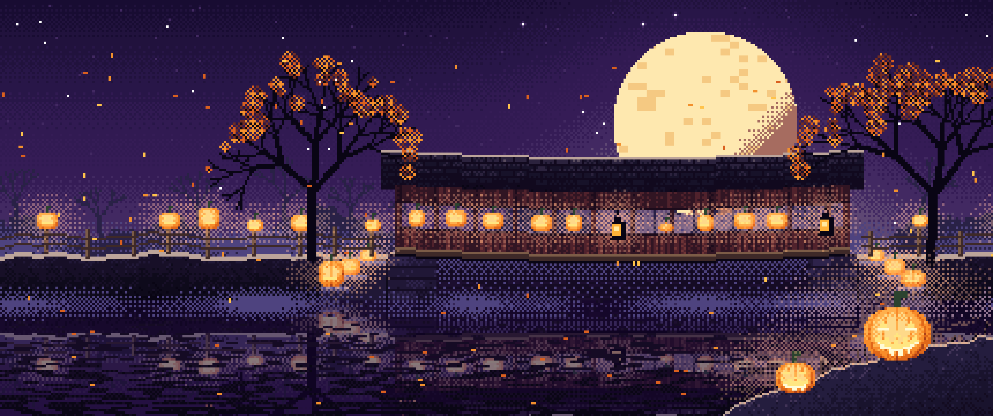 Dark Purple Pixel Art Halloween Pumpkin Bridge at Night ultrawide wallpaper, 3440 × 1440