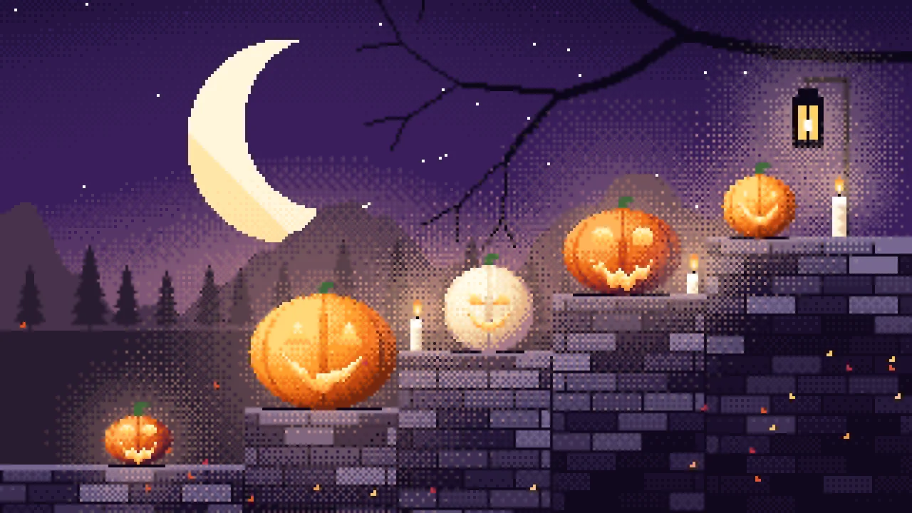 Dark Purple Pixel Art Halloween Steps desktop wallpaper in 4K