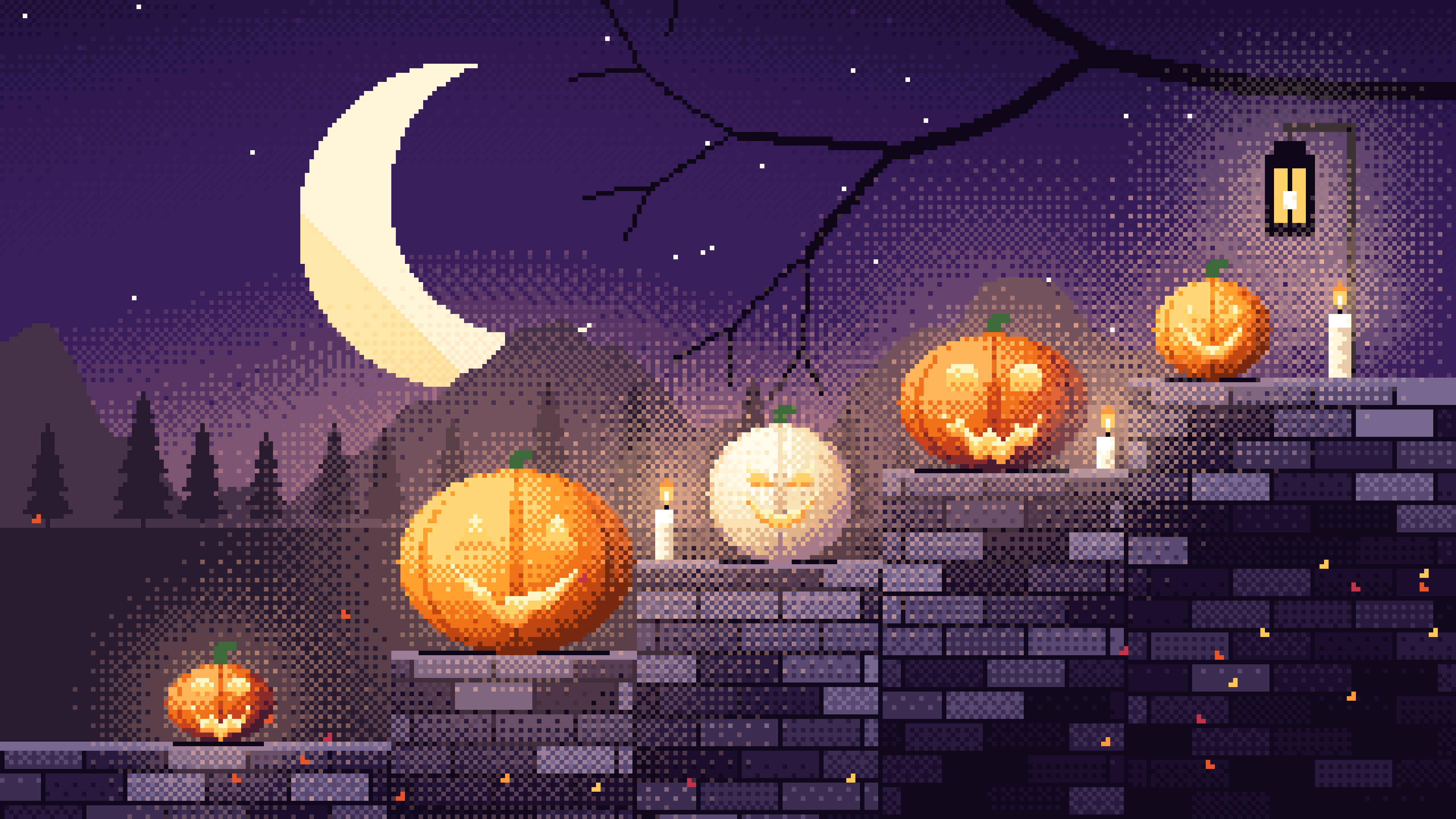 Dark Purple Pixel Art Halloween Steps desktop wallpaper in 4K