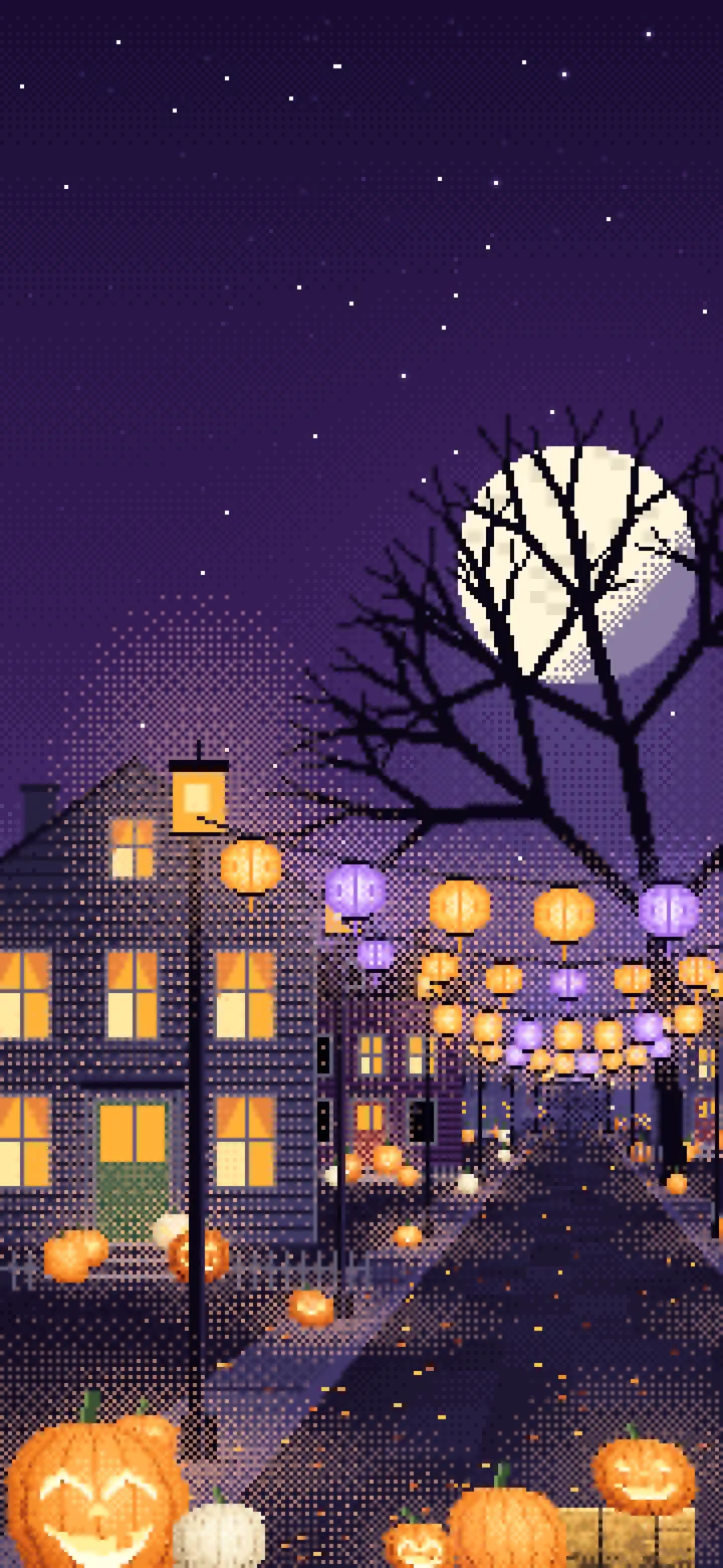 Dark Purple Pixel Art Halloween Town Street at Night wallpaper for iPhone and Android