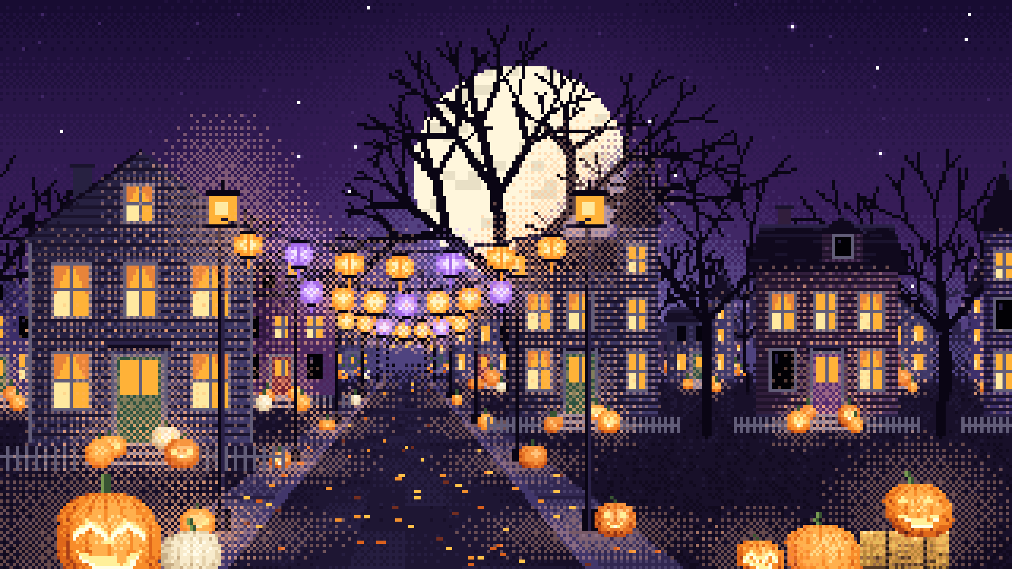 Dark Purple Pixel Art Halloween Town Street at Night desktop wallpaper in 4K