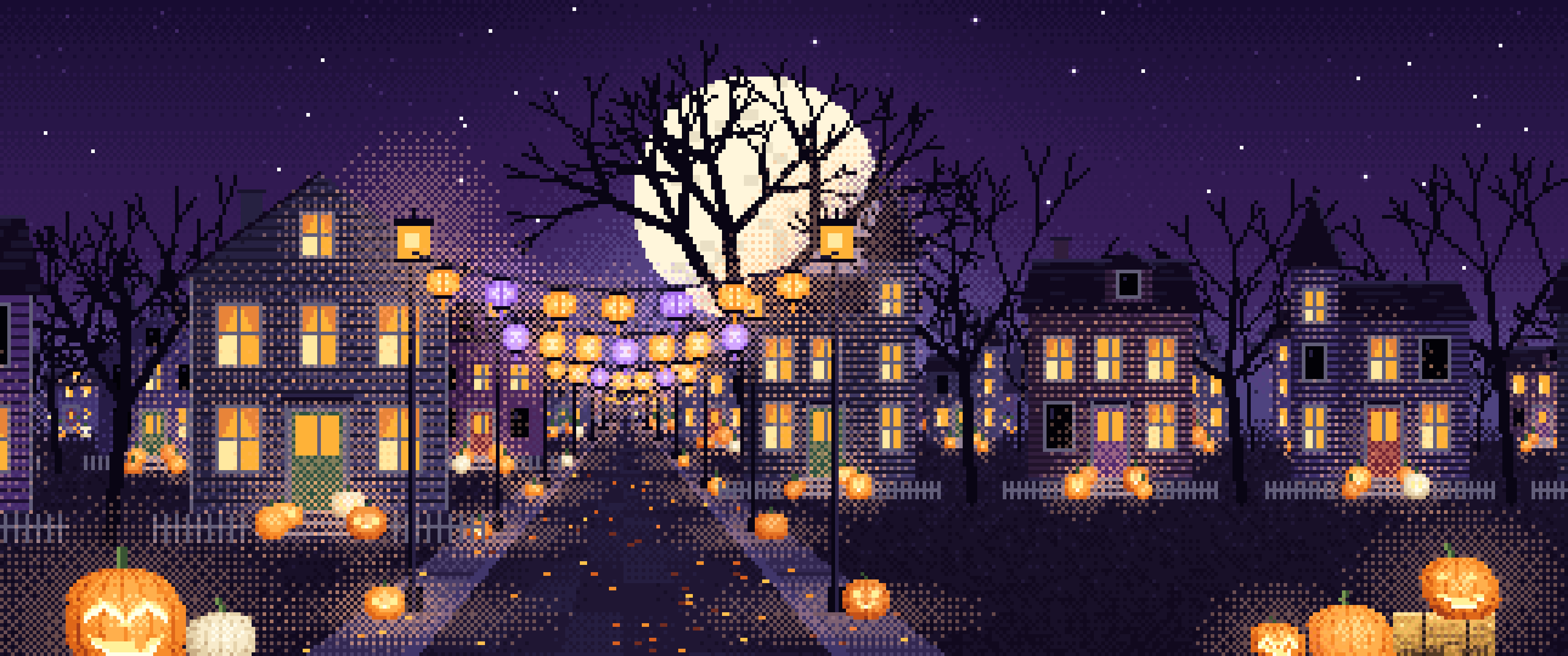 Dark Purple Pixel Art Halloween Town Street at Night ultrawide wallpaper, 3440 × 1440