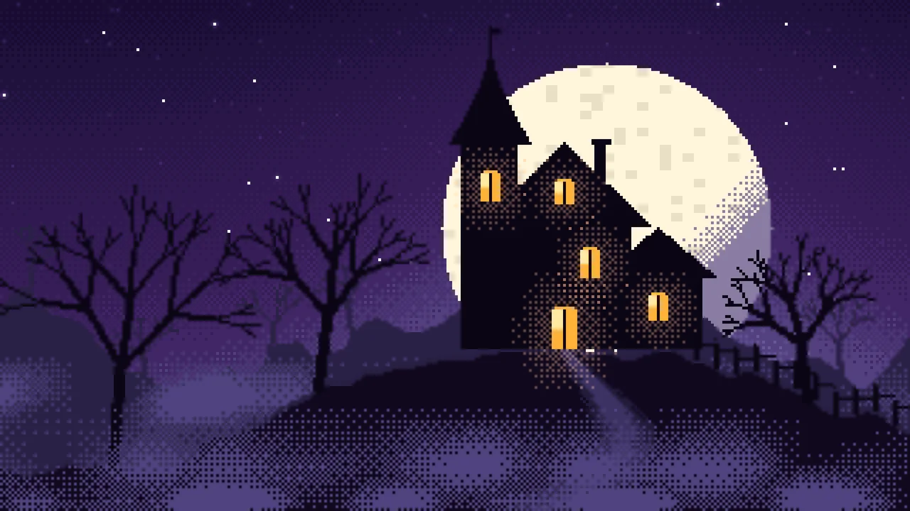 Dark Purple Pixel Art Haunted House desktop wallpaper in 4K