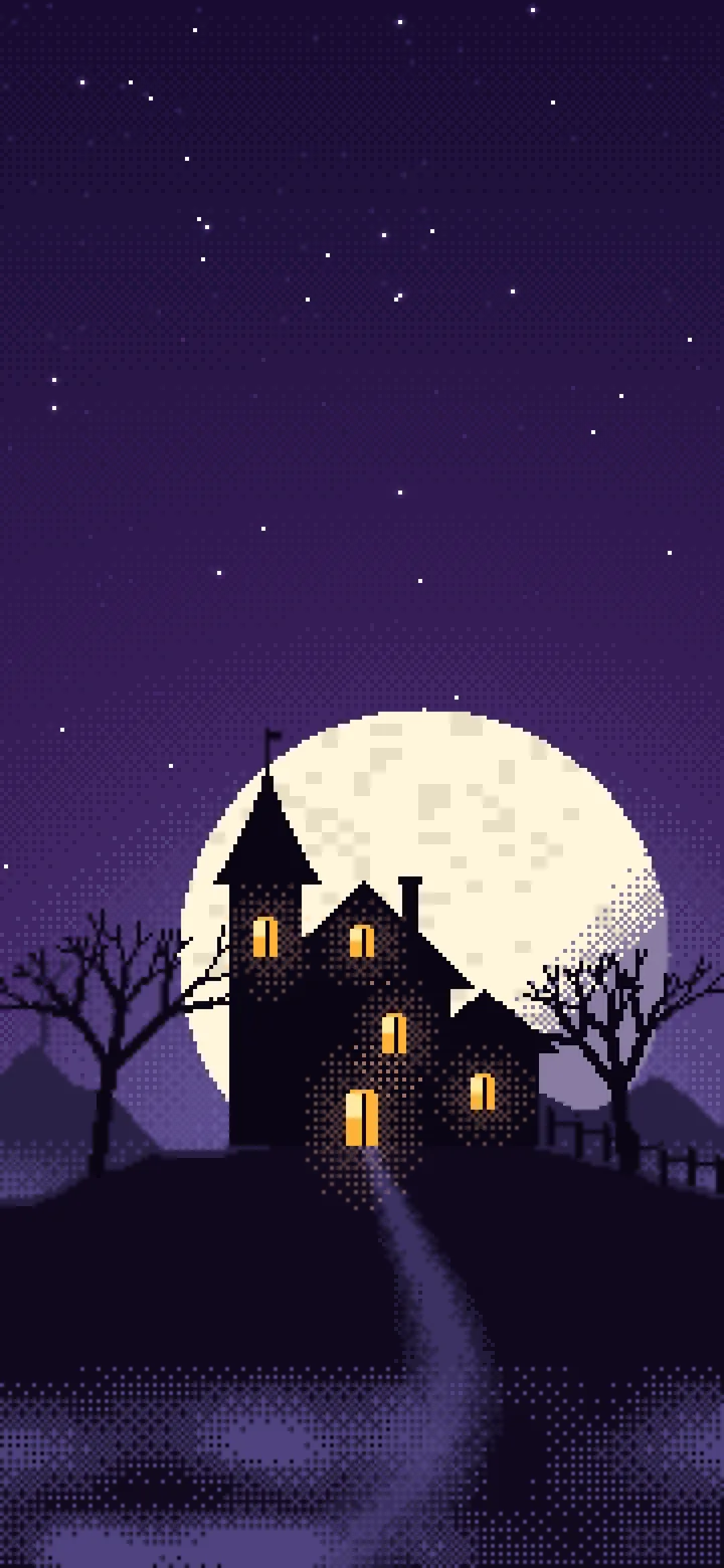 Dark Purple Pixel Art Haunted House wallpaper for iPhone and Android
