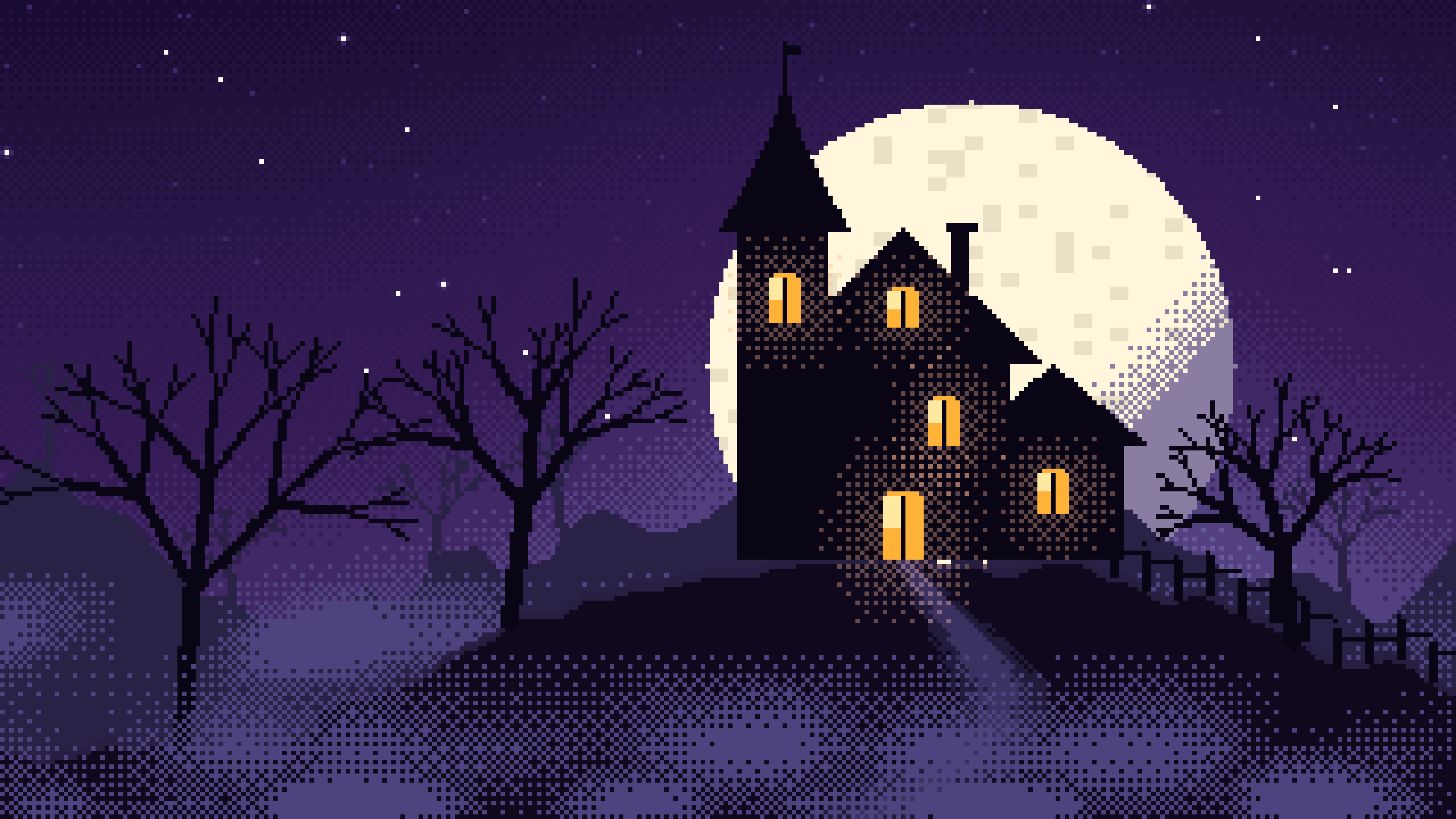 Dark Purple Pixel Art Haunted House desktop wallpaper in 4K