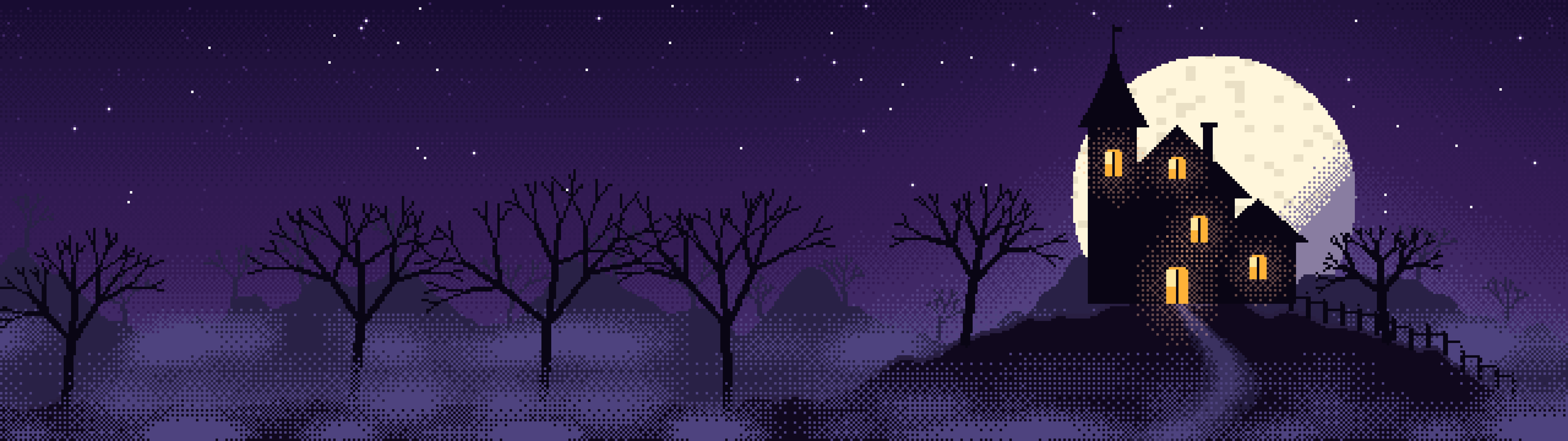 Dark Purple Pixel Art Haunted House dual monitor wallpaper, 7680 × 2160