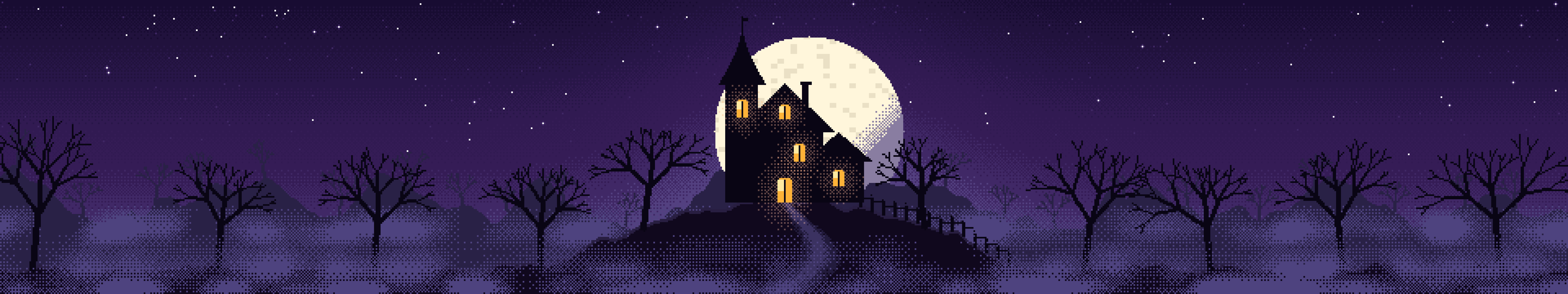 Dark Purple Pixel Art Haunted House triple monitor wallpaper, 7680 × 1440