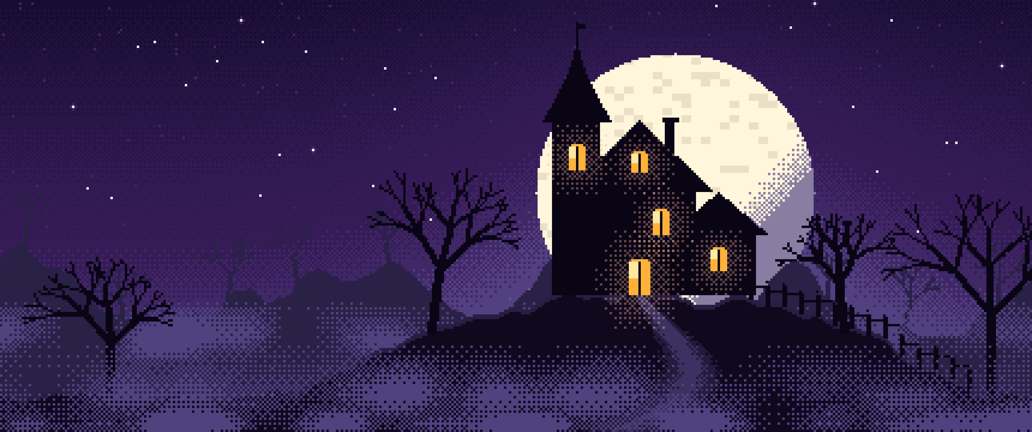 Dark Purple Pixel Art Haunted House ultrawide wallpaper, 3440 × 1440