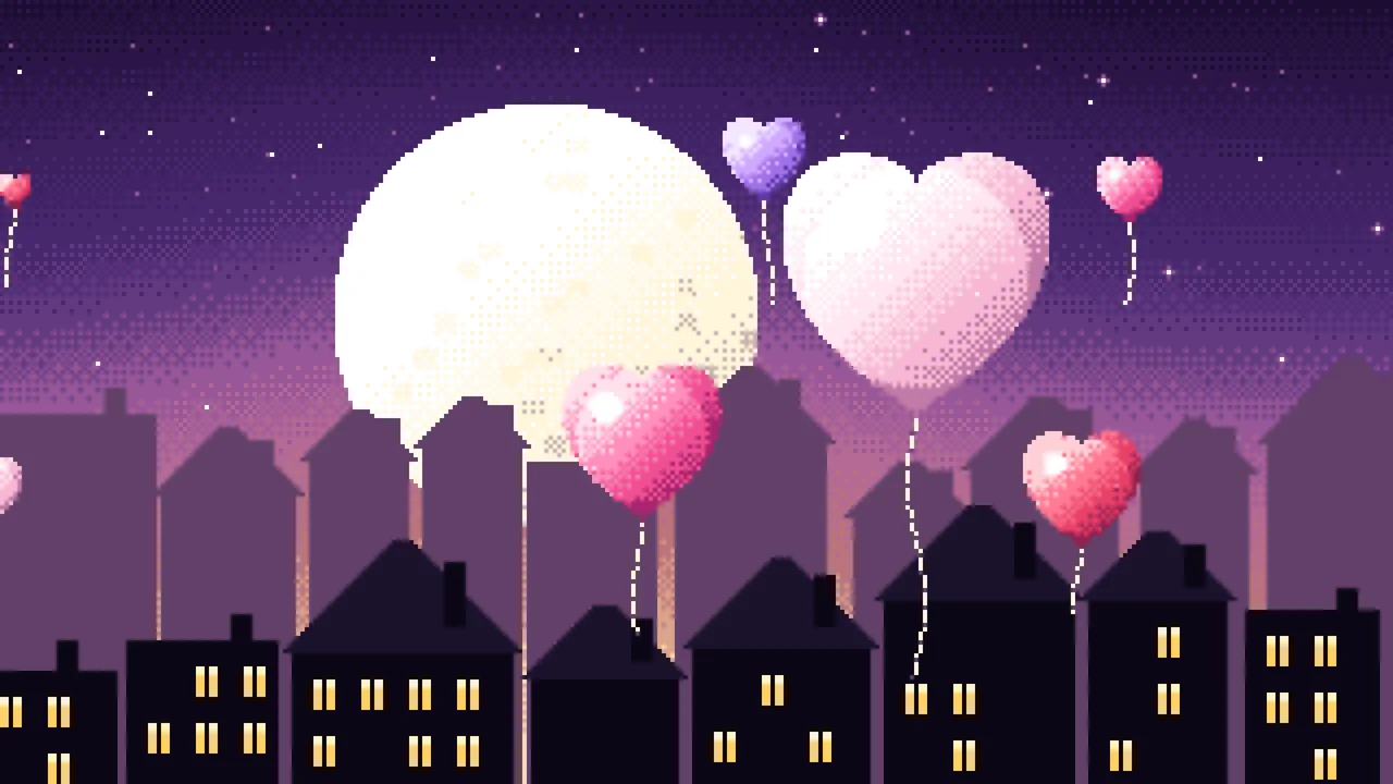 Dark Purple Pixel Art Heart Balloons desktop wallpaper in 4K