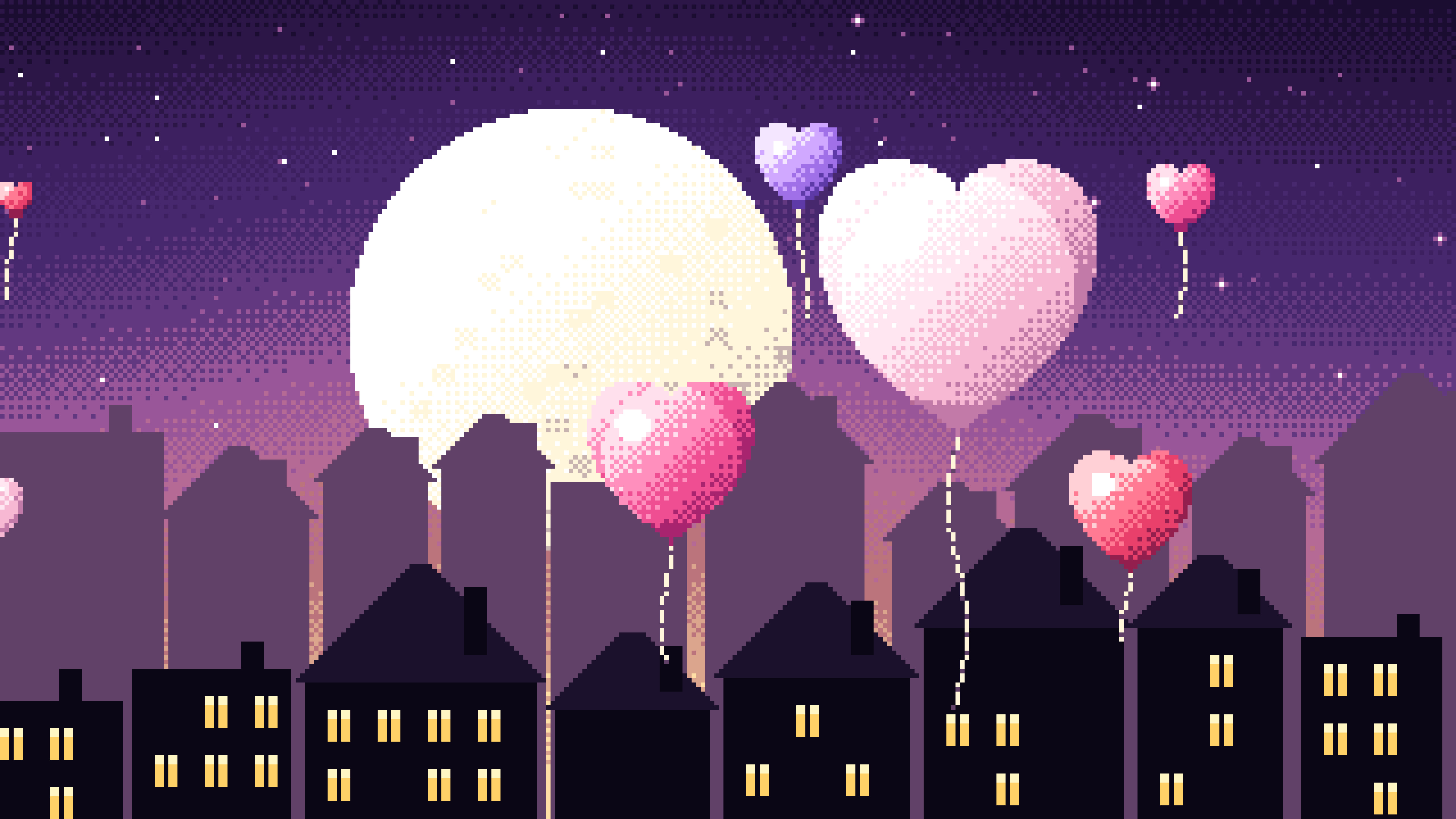 Dark Purple Pixel Art Heart Balloons desktop wallpaper in 4K