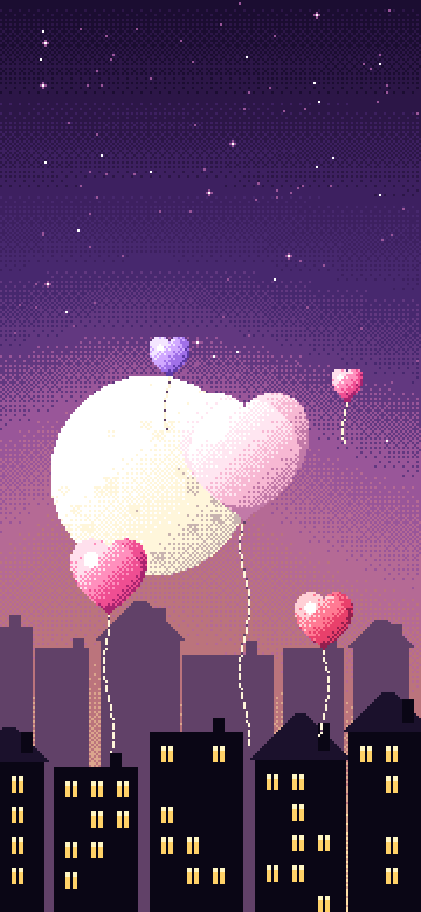 Dark Purple Pixel Art Heart Balloons wallpaper for iPhone and Android