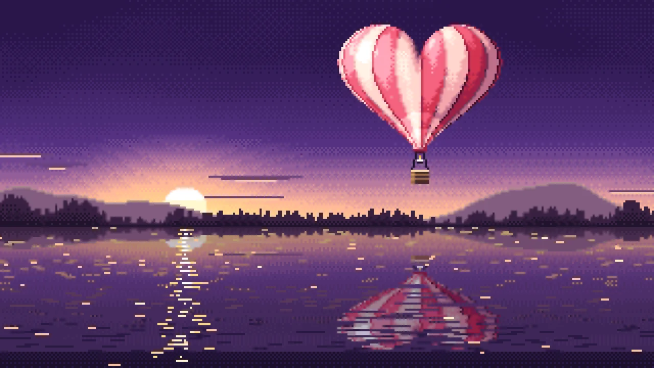 Dark Purple Pixel Art Heart Hot Air Balloon Over a Lake at Sunset desktop wallpaper in 4K