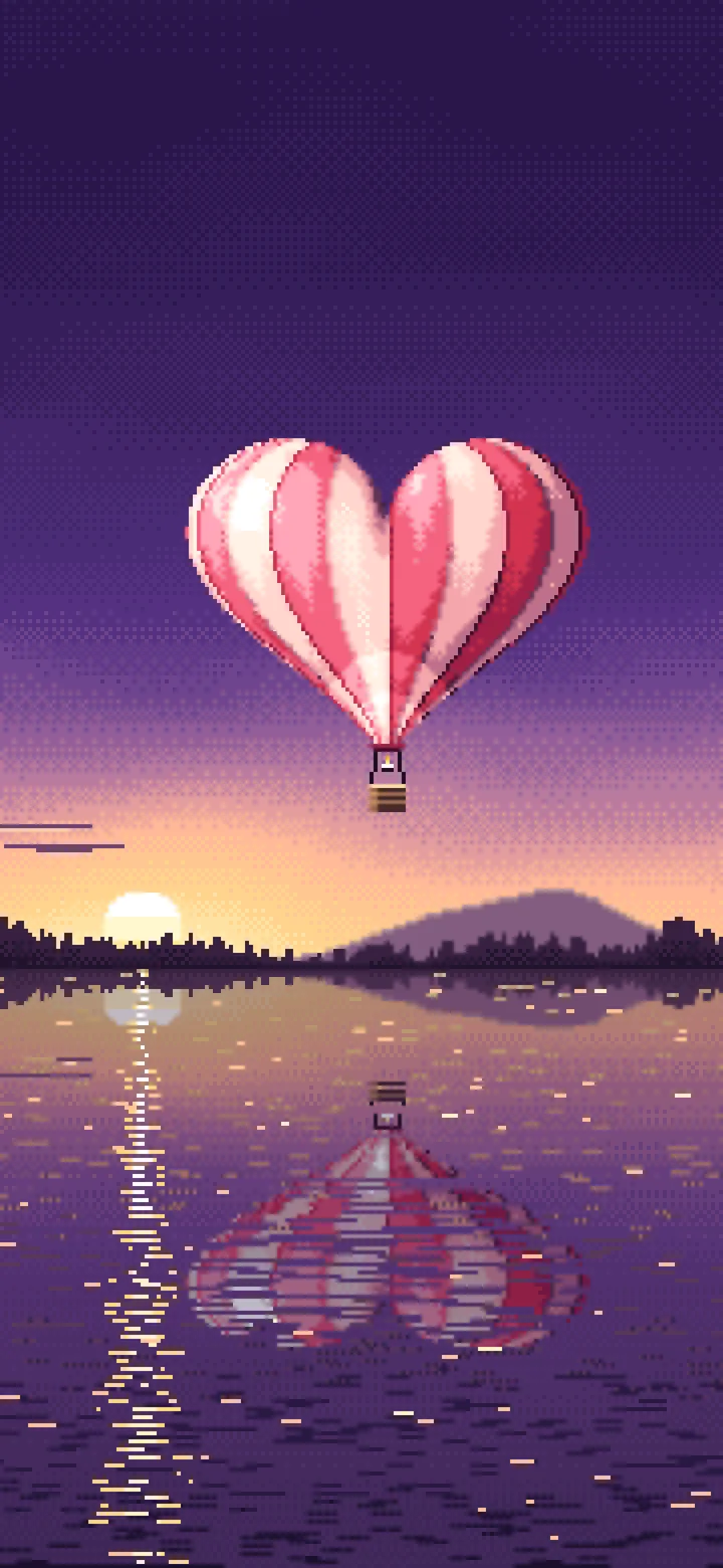 Dark Purple Pixel Art Heart Hot Air Balloon Over a Lake at Sunset wallpaper for iPhone and Android