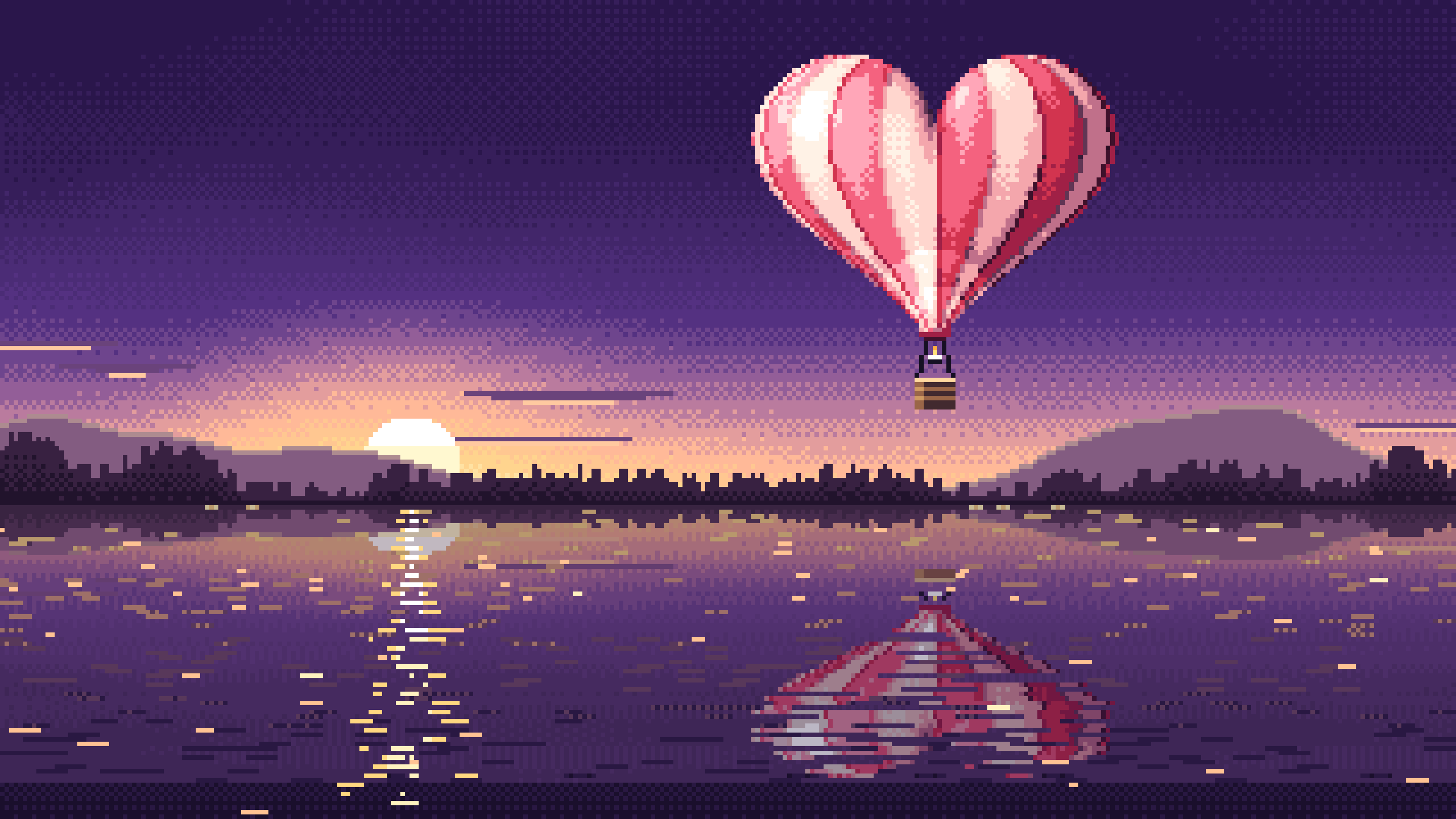 Dark Purple Pixel Art Heart Hot Air Balloon Over a Lake at Sunset desktop wallpaper in 4K