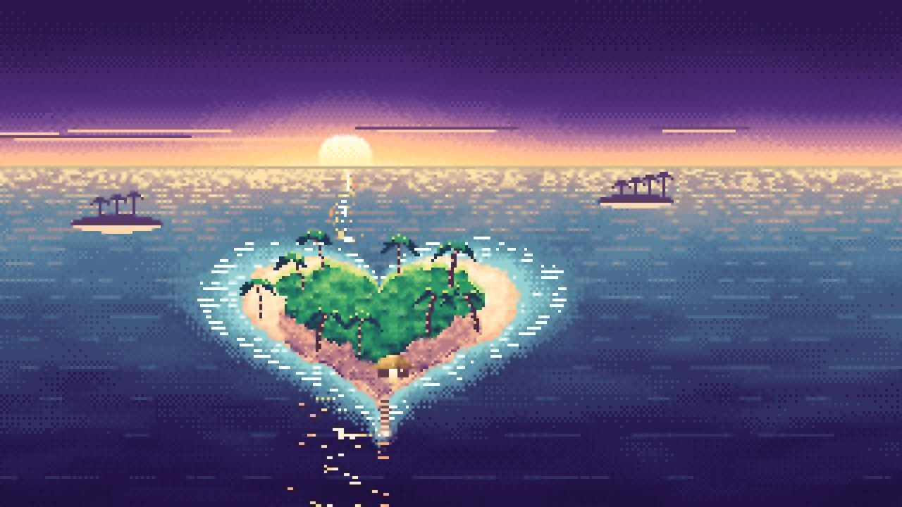 Dark Purple Pixel Art Heart Island at Sunset desktop wallpaper in 4K