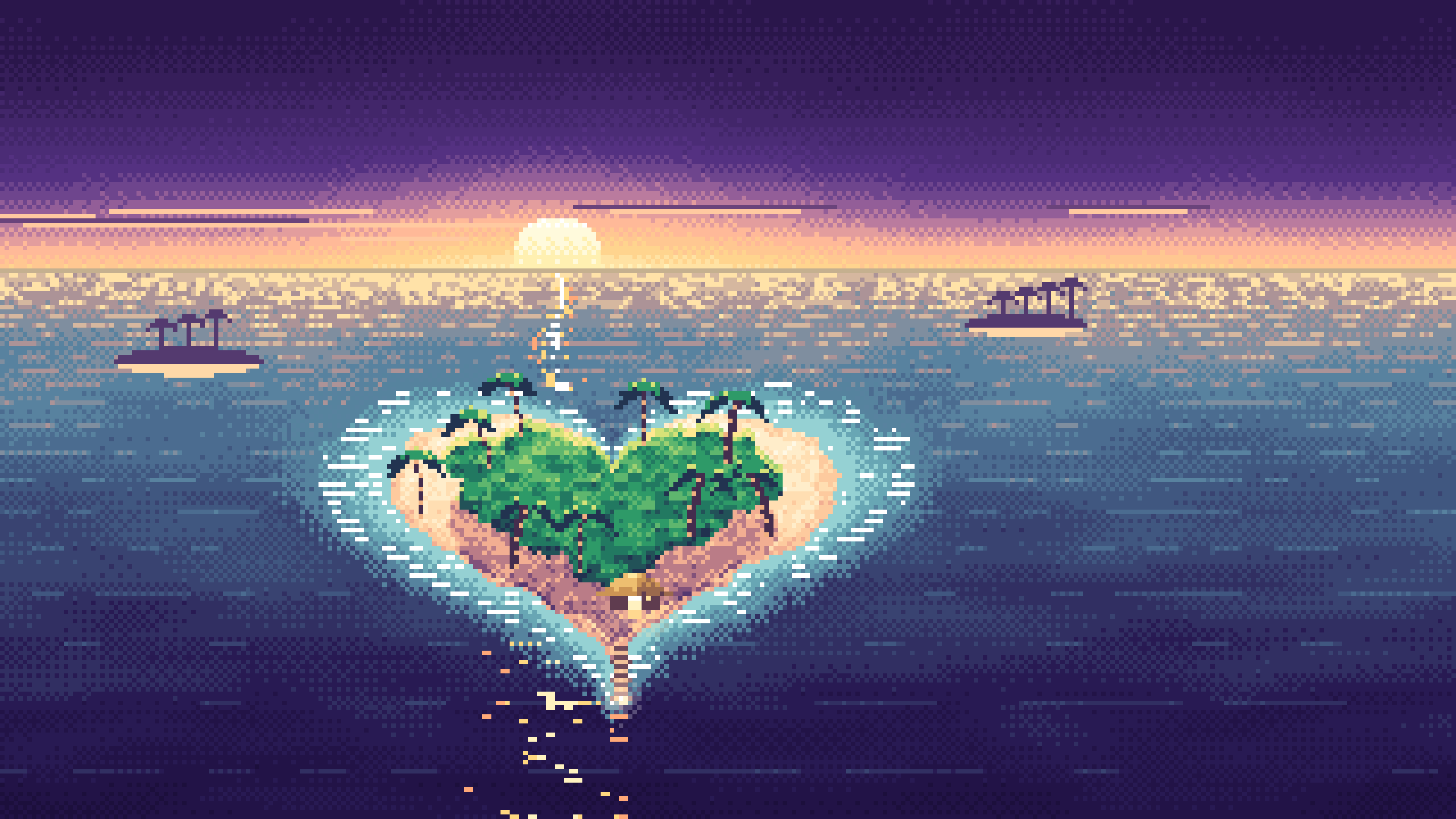 Dark Purple Pixel Art Heart Island at Sunset desktop wallpaper in 4K