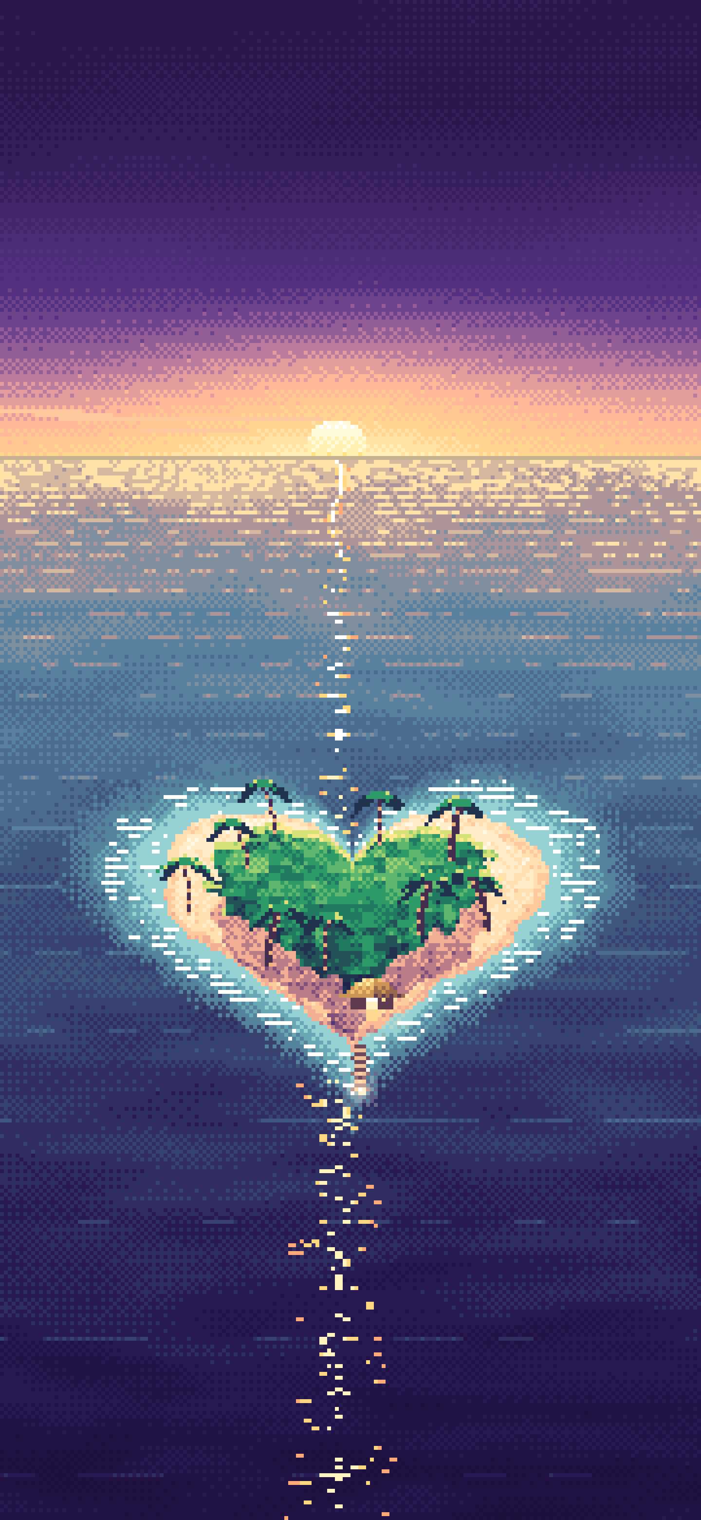 Dark Purple Pixel Art Heart Island at Sunset wallpaper for iPhone and Android