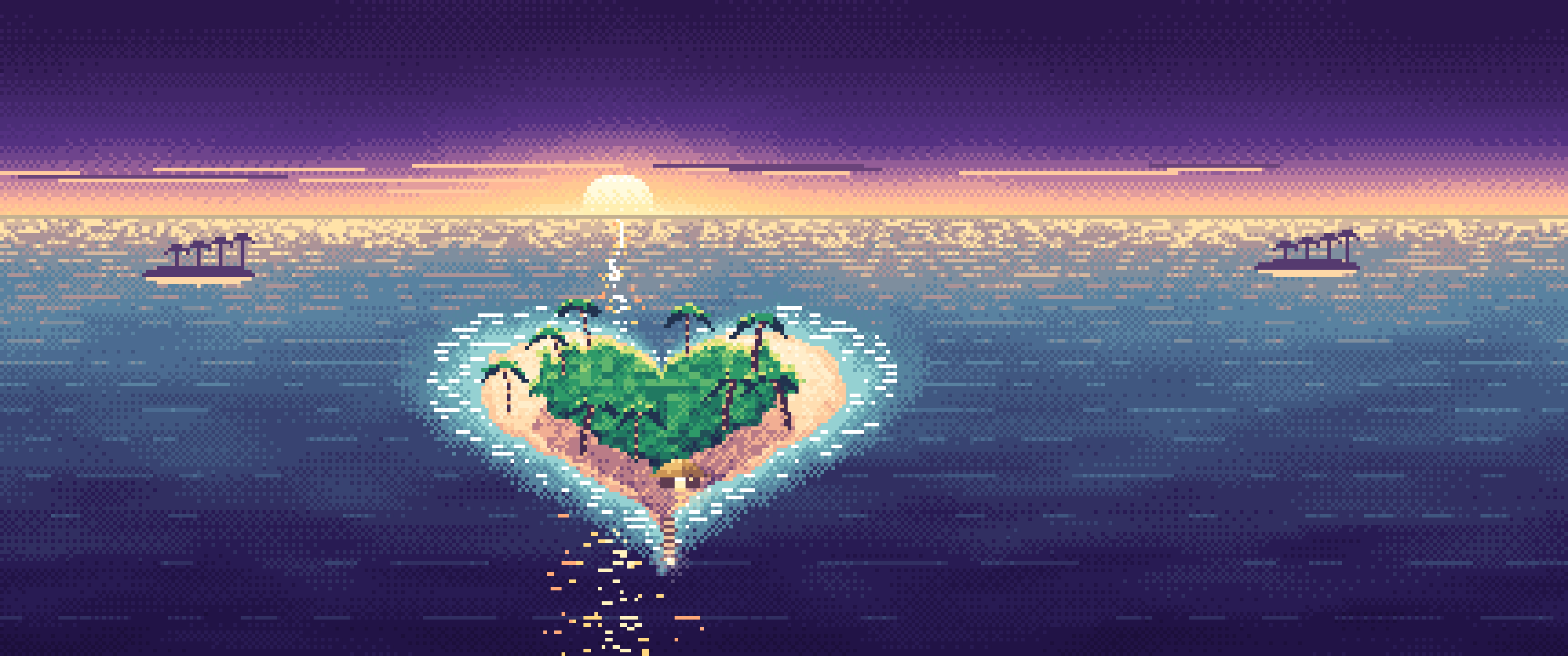 Dark Purple Pixel Art Heart Island at Sunset ultrawide wallpaper, 3440 × 1440