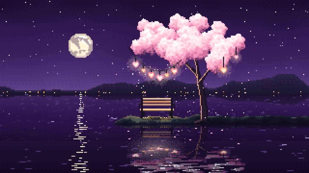 Dark Purple Pixel Art Heart Lanterns in a Blossom Tree by a Lake desktop wallpaper in 4K